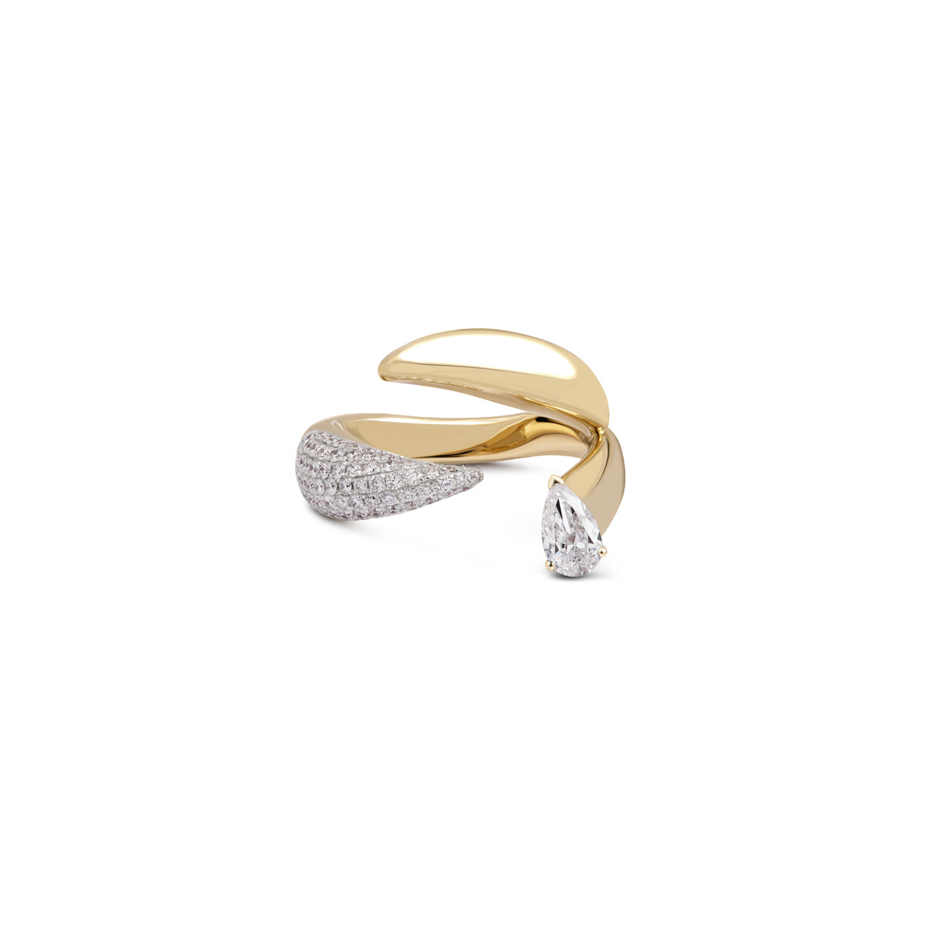 14k yellow gold triple drop claw pear diamond pave ring by Rainbow K Tiny Gods 