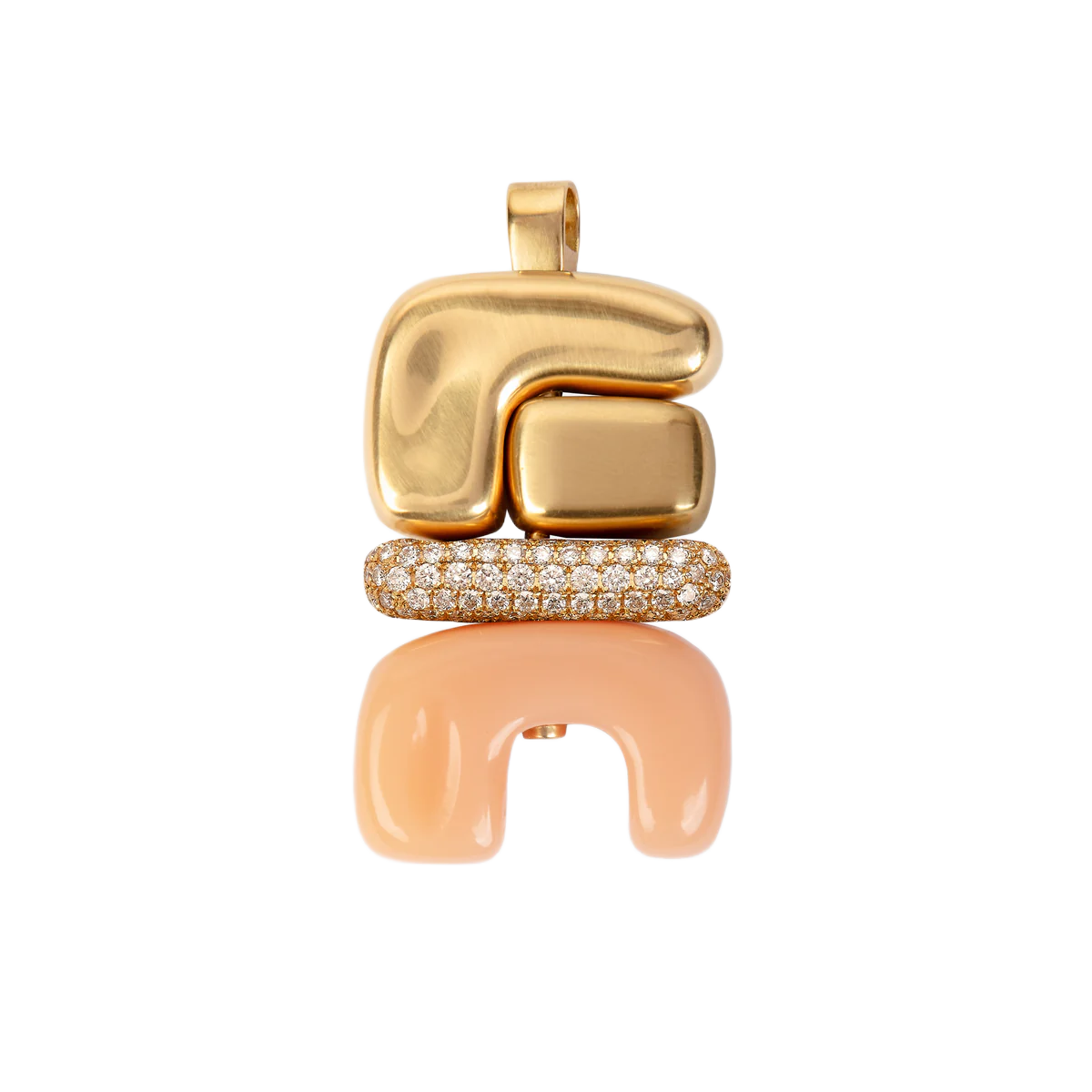 18k yellow gold fire 3 totem pink opal diamond pave pendant by Joelle Kharrrat Tiny Gods 