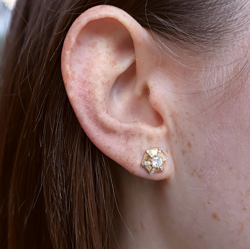 18k yellow gold hexagon diamond stud queen earrings by Goshwara Tiny Gods