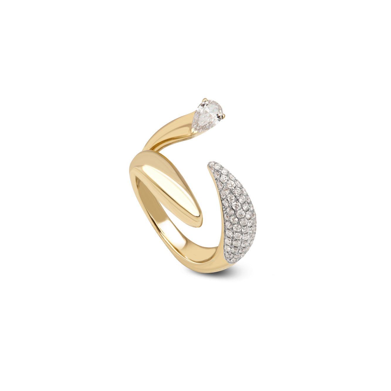 14k yellow gold triple drop claw pear diamond pave ring by Rainbow K Tiny Gods 