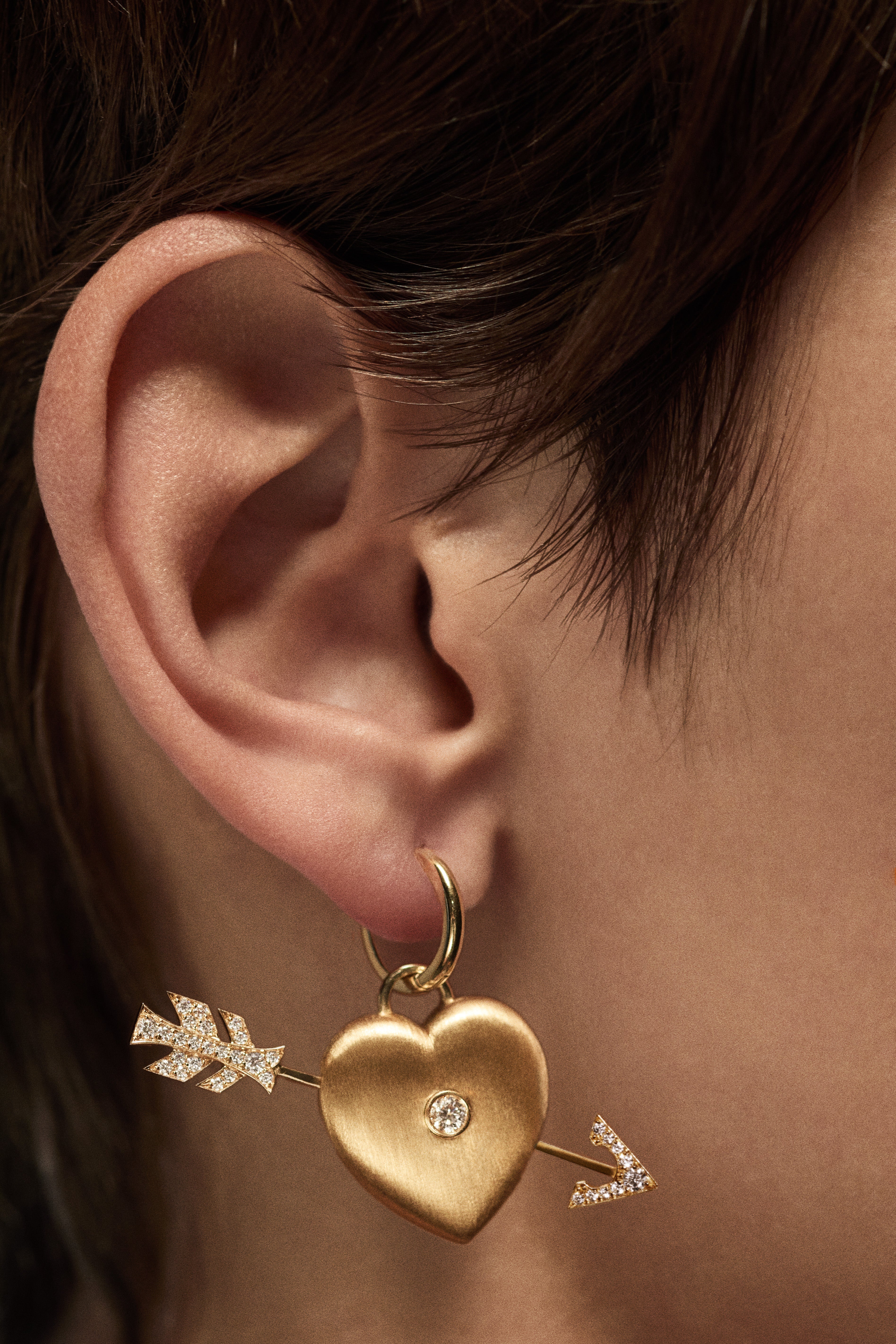 18k yellow gold diamond coeur perce pendant pierced heart arrow pendant charm earring by Marie Lichtenberg Tiny Gods 