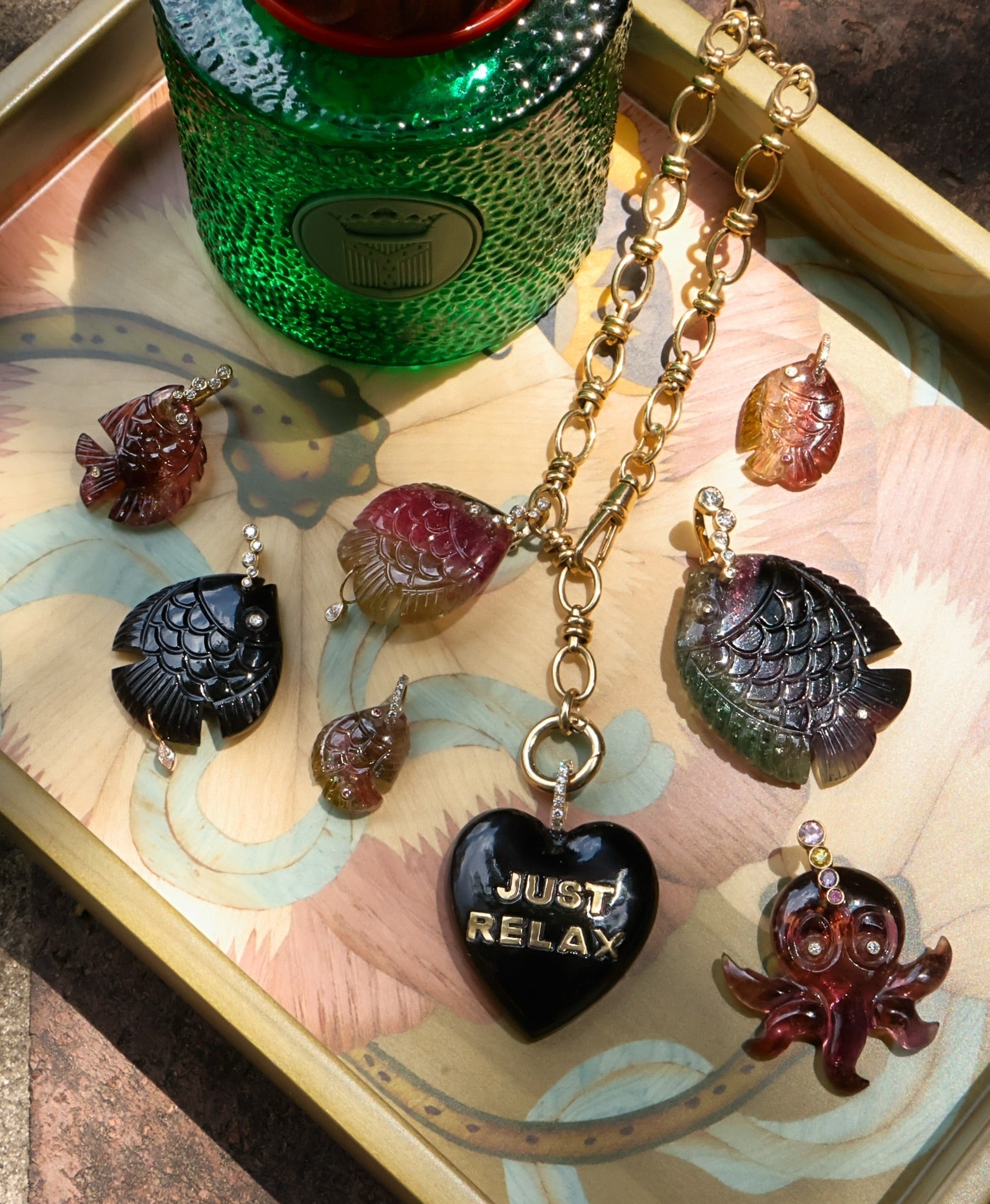 18k yellow gold diamond bubble bezel bale, green pink watermelon tourmaline, medium carved fish pendant charm by Violette Joaillerie Tiny Gods