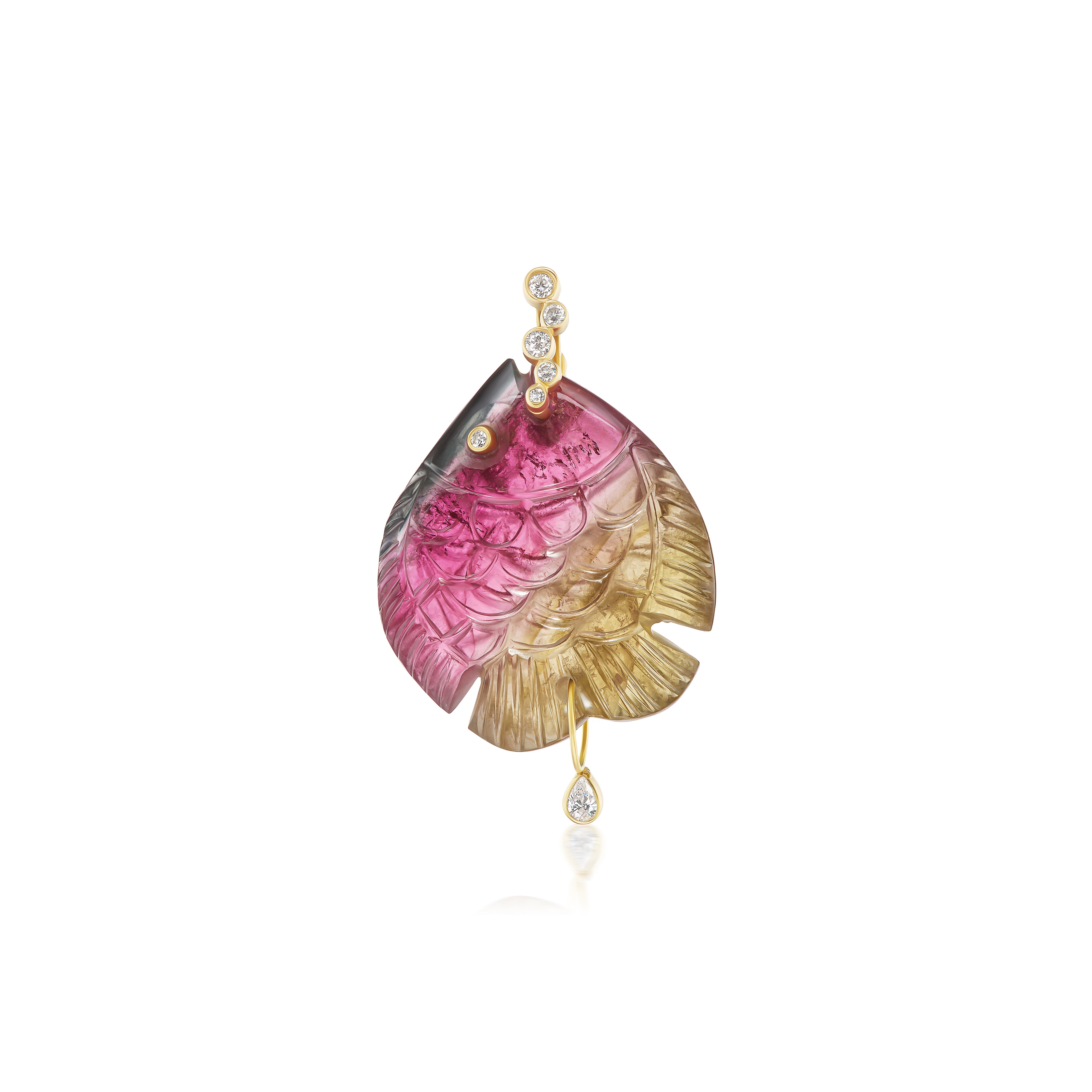 18k yellow gold diamond bubble bezel bale, green pink watermelon tourmaline, medium carved fish pendant charm by Violette Joaillerie Tiny Gods