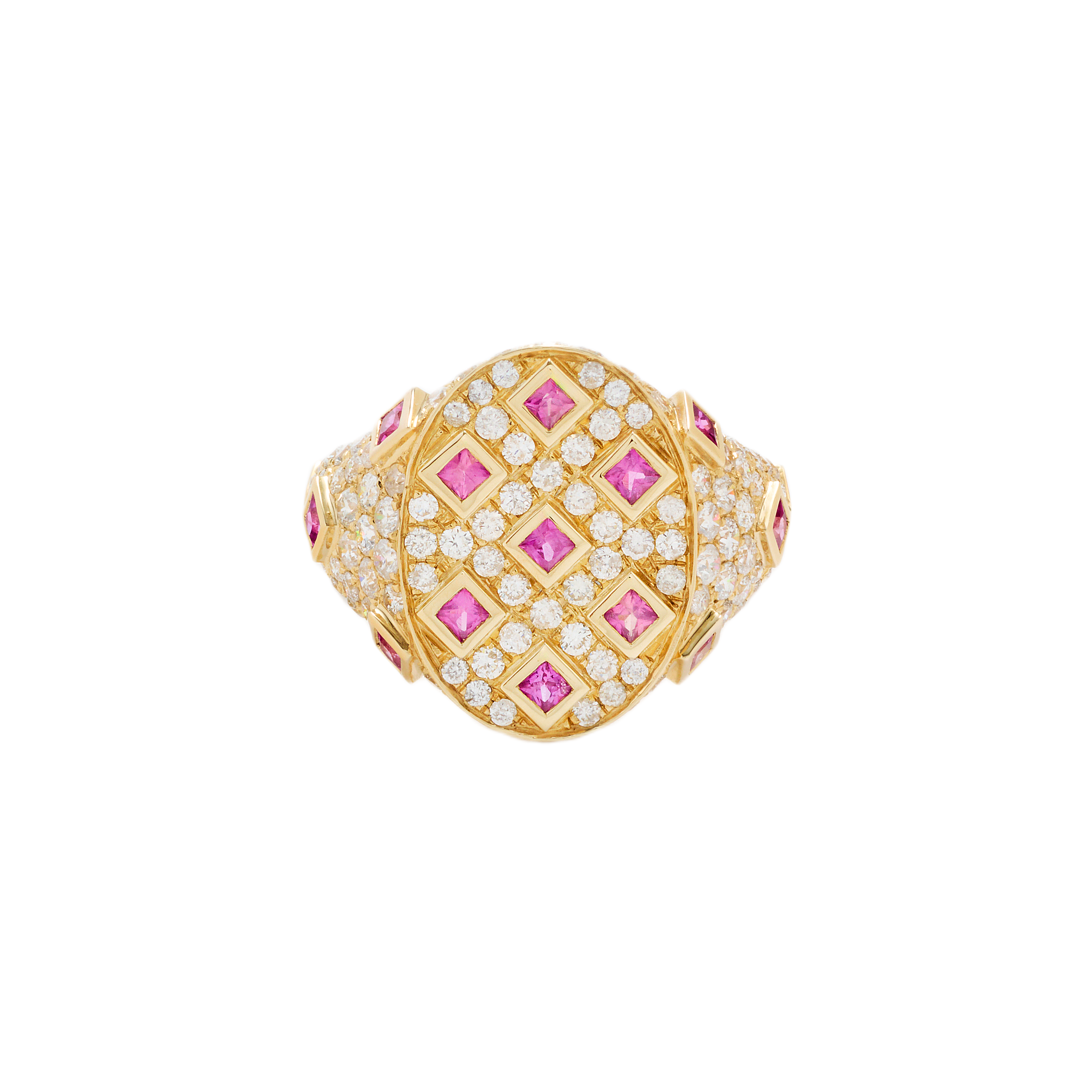 Yellow gold diamond and pink sapphire signet ring by Yvonne Leon and Tiny Gods