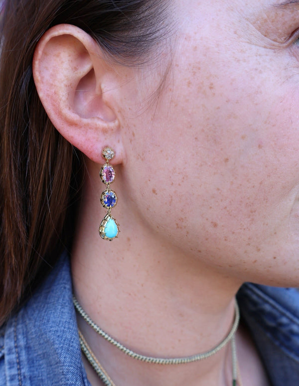 18k yellow gold diamond pink sapphire, tanzanite and turquoise gypsy dangle earrings by Jenna Blake Tiny Gods