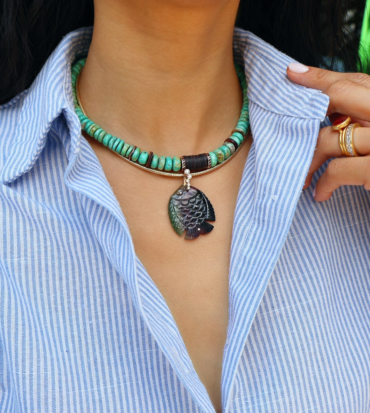18k yellow gold multi colored tourmaline carved fish diamond bubble pendant charm by Violette Joaillerie Tiny Gods 