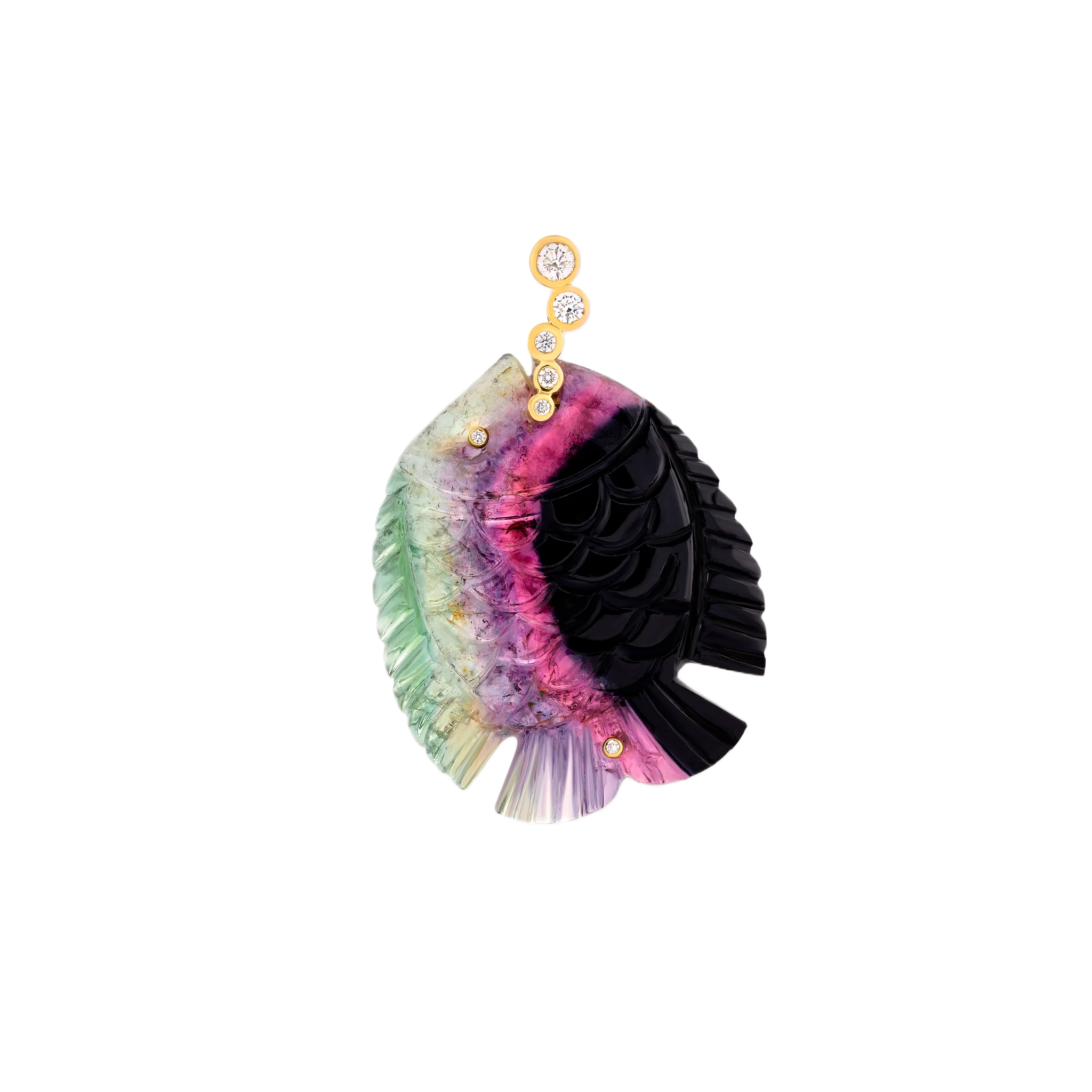 18k yellow gold multi colored tourmaline carved fish diamond bubble pendant charm by Violette Joaillerie Tiny Gods 