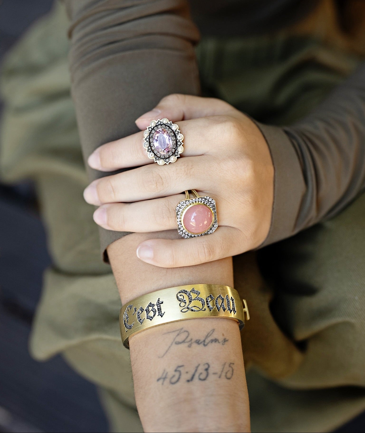 18k yellow gold diamond and black rhodium renee ring with pink guava quartz by Sylva and Cie Tiny Gods 