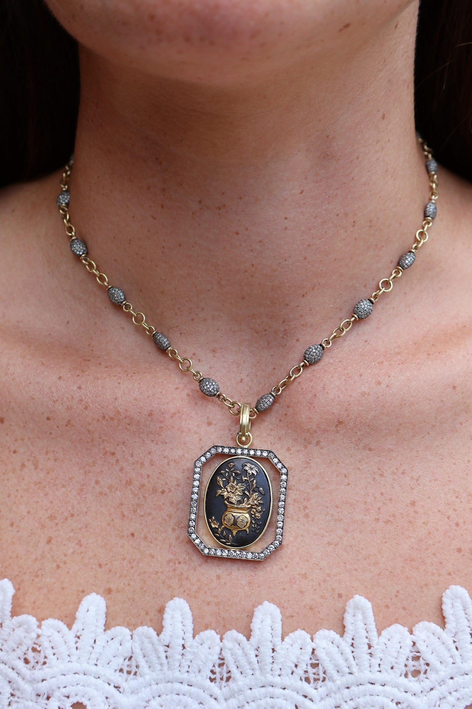 18k yellow gold diamond pendant with 1870's shakudo Japanese samurai sword with gold flower pot and floral motif by Sylva & Cie Tiny Gods 