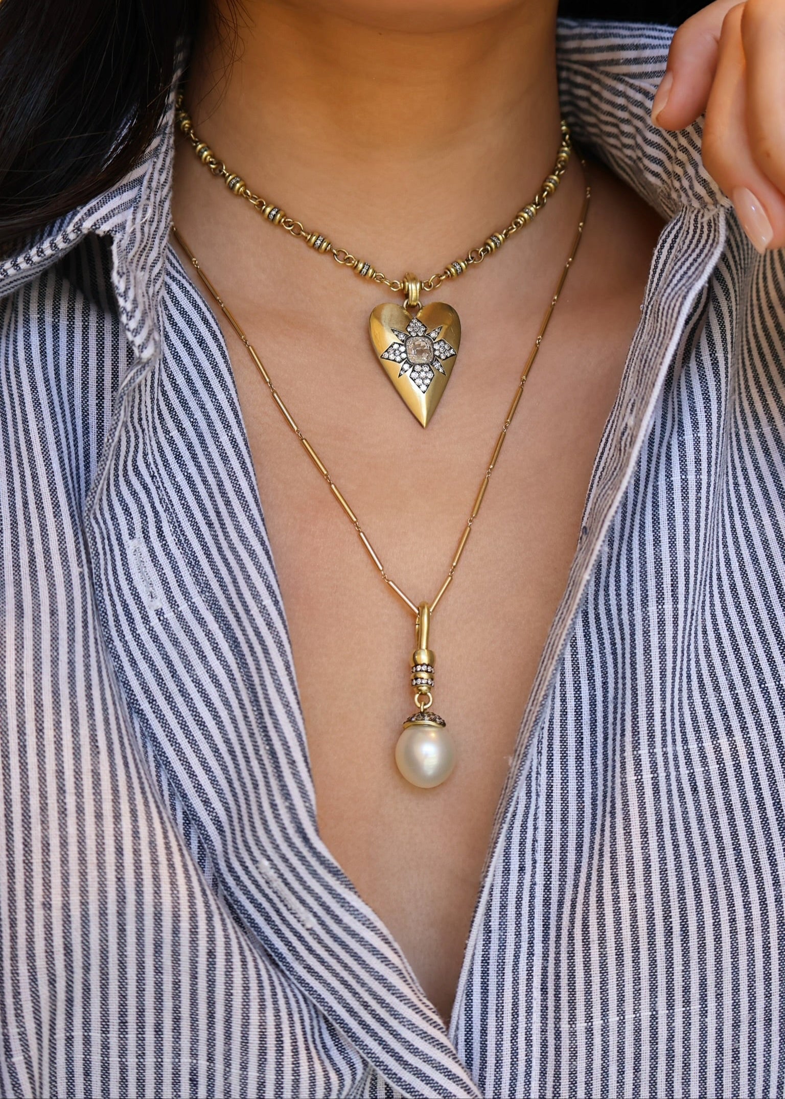 18k yellow gold south sea pearl diamond drop pendant by Sylva & Cie Tiny Gods 