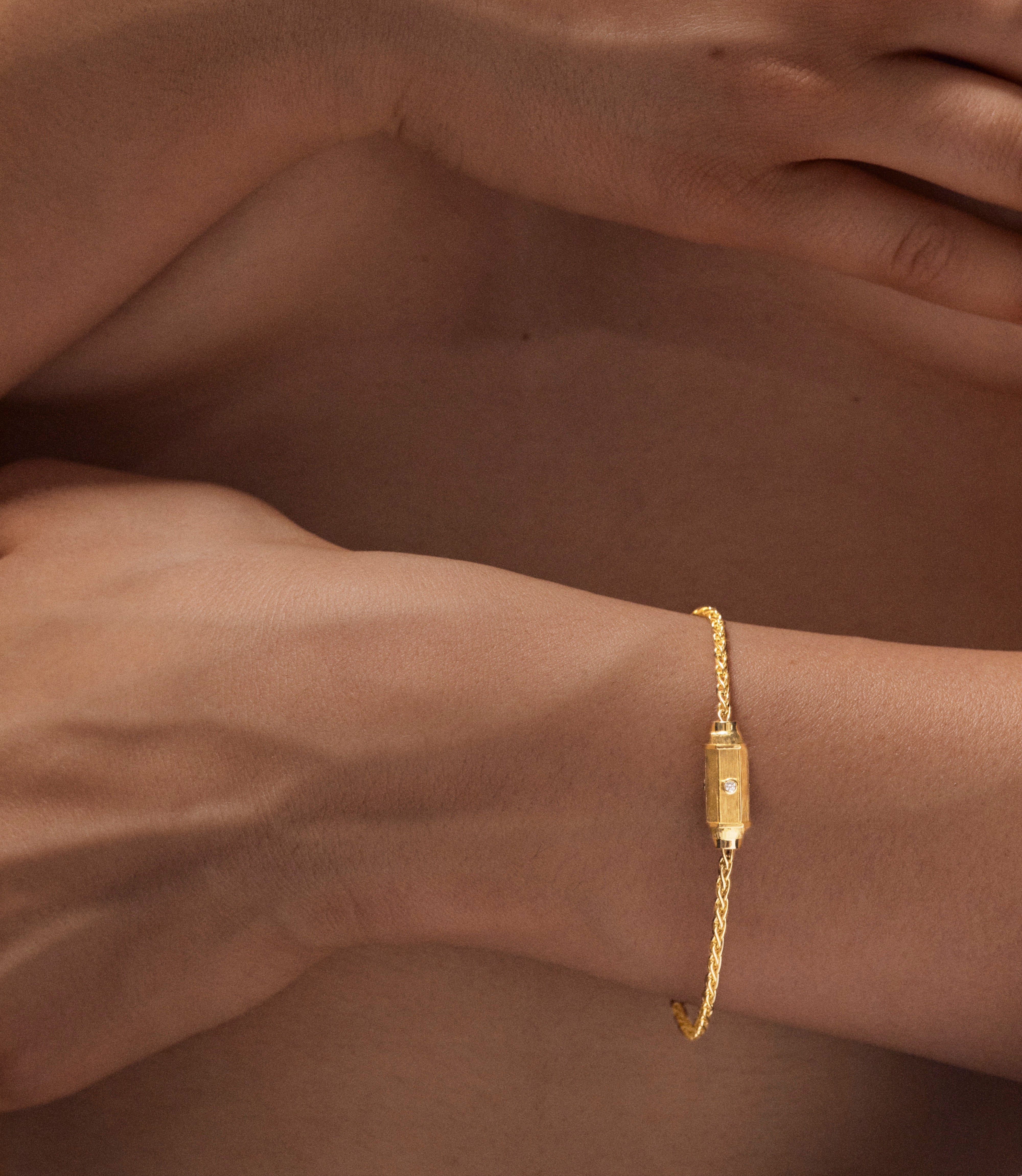 18k yellow gold diamond micro coco spiga chain locket bracelet by Marie Lichtenberg Tiny Gods 