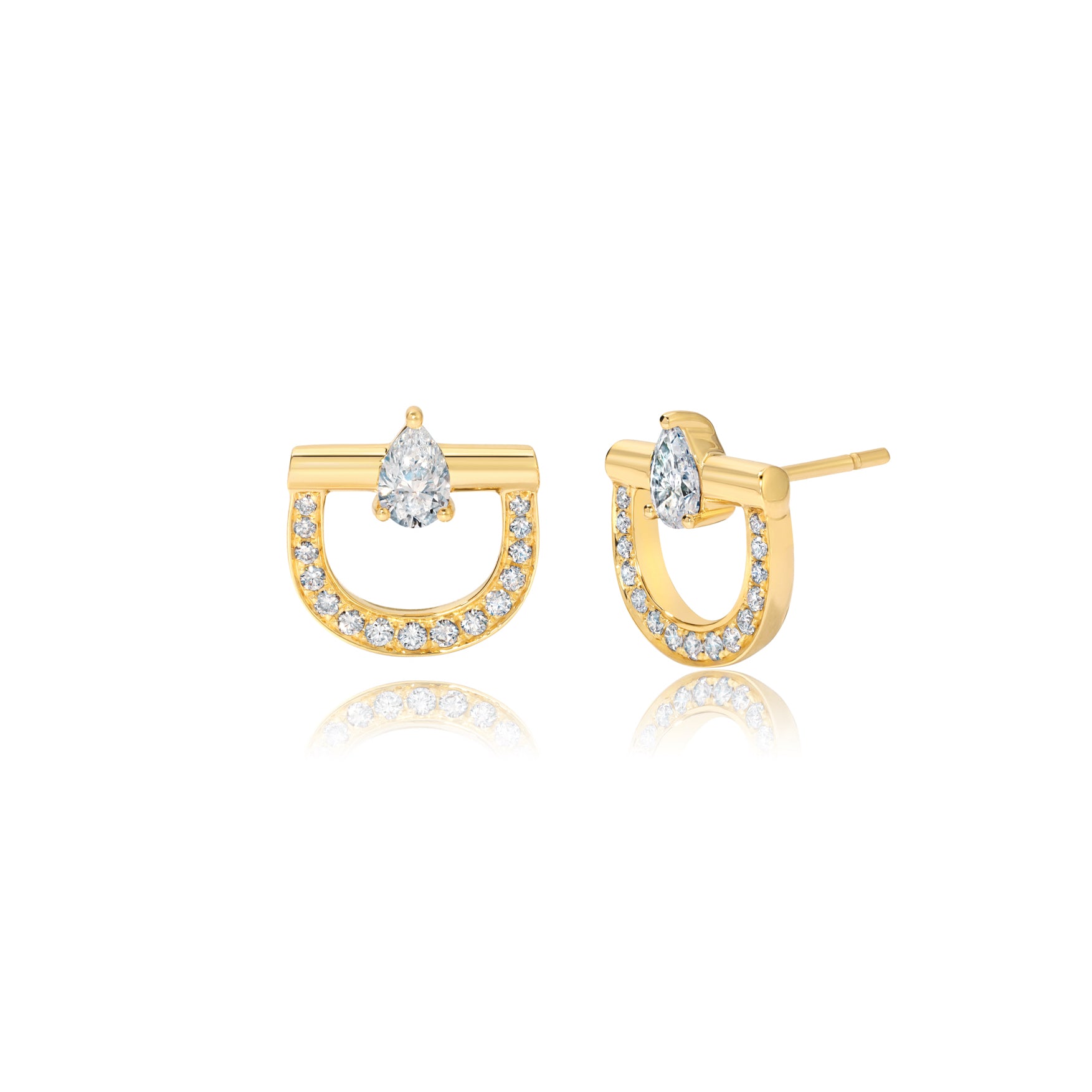 18k yellow gold diamond pear diamond stirrup stud earrings by graziela Tiny Gods