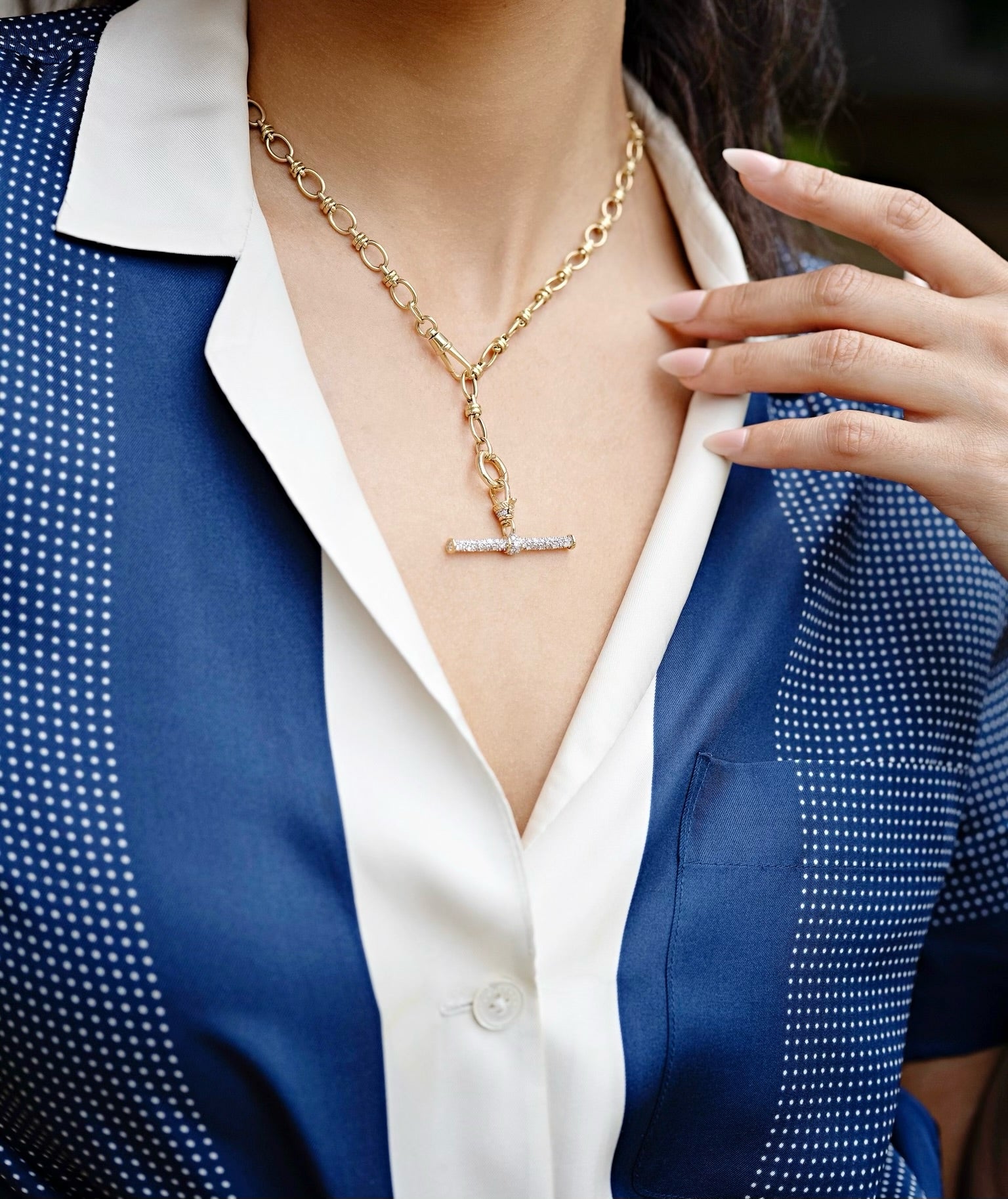 14k yellow gold modern finish diamond and white rhodium t bar Albert chain pendant with lobster claw bale by LUCY DELIUS Tiny Gods