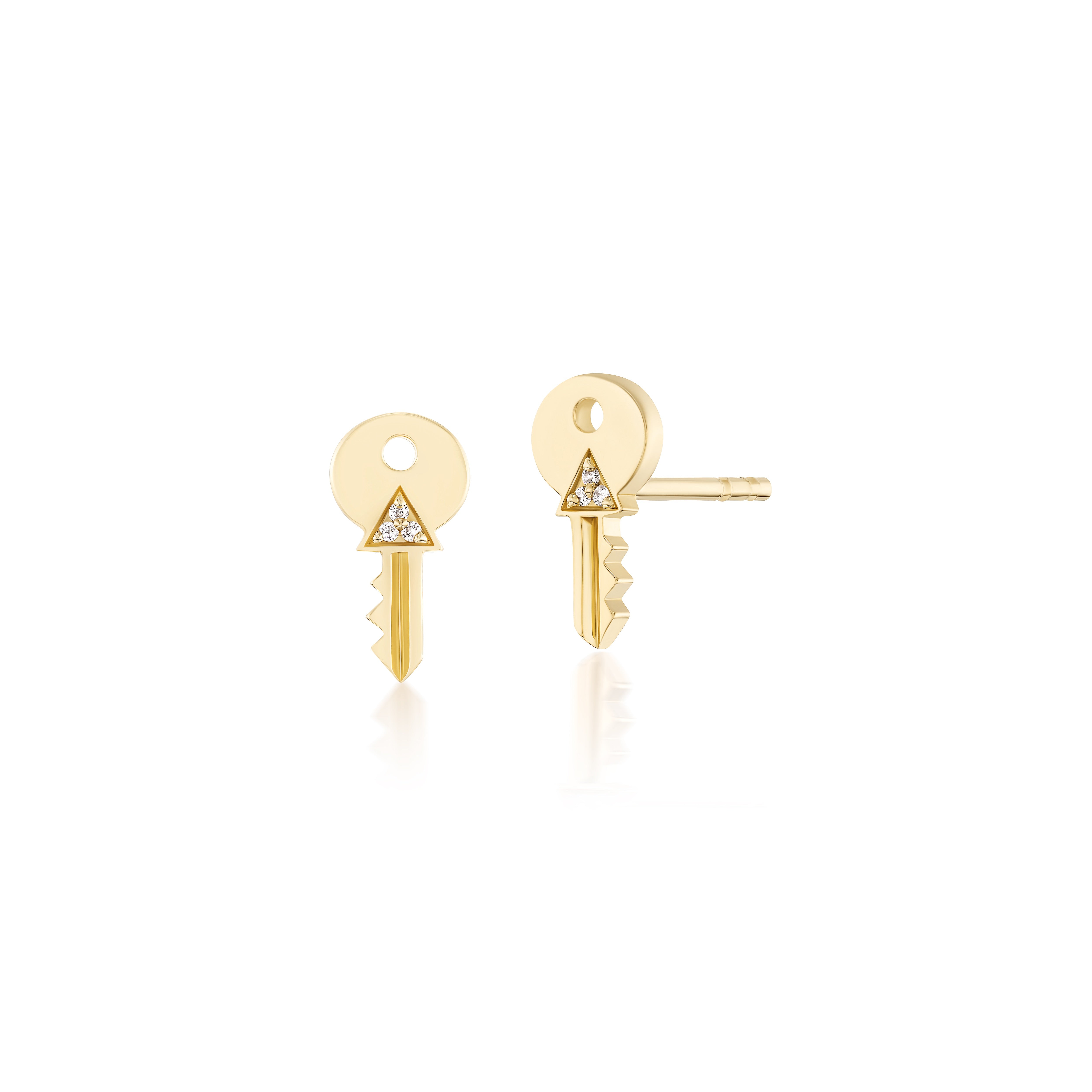 18k yellow gold diamond tiny key stud earrings by Harwell Godfrey Tiny Gods 