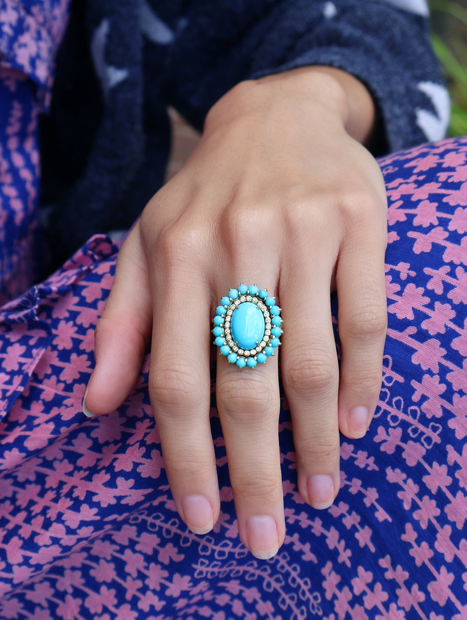 18k yellow gold diamond and beaded turquoise sleeping beauty turquoise statement ring Tiny Gods
