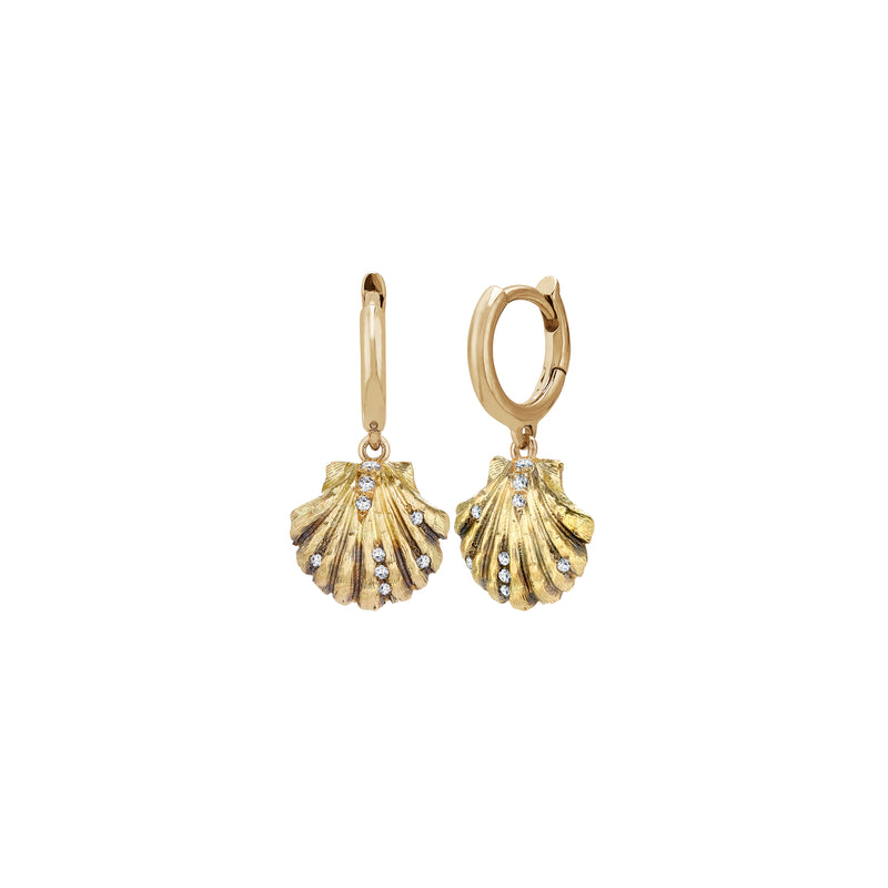 18k yellow gold diamond Venus shell hoop earrings by Venus Tiny Gods