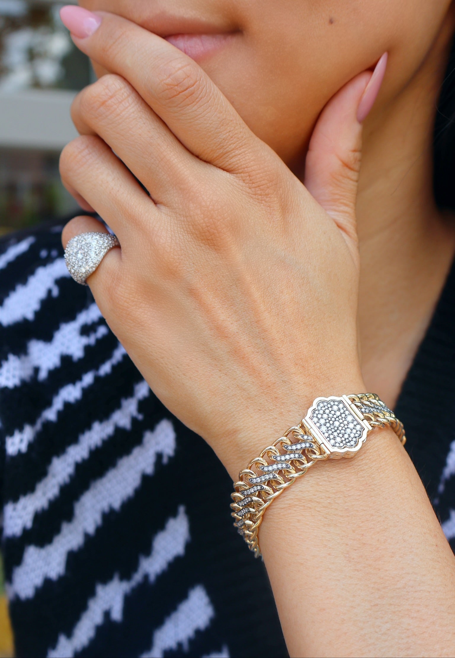 14k yellow gold diamond s-link chain bracelet with diamond pave hidden clasp victorian antique finish by Lucy Delius Tiny Gods 