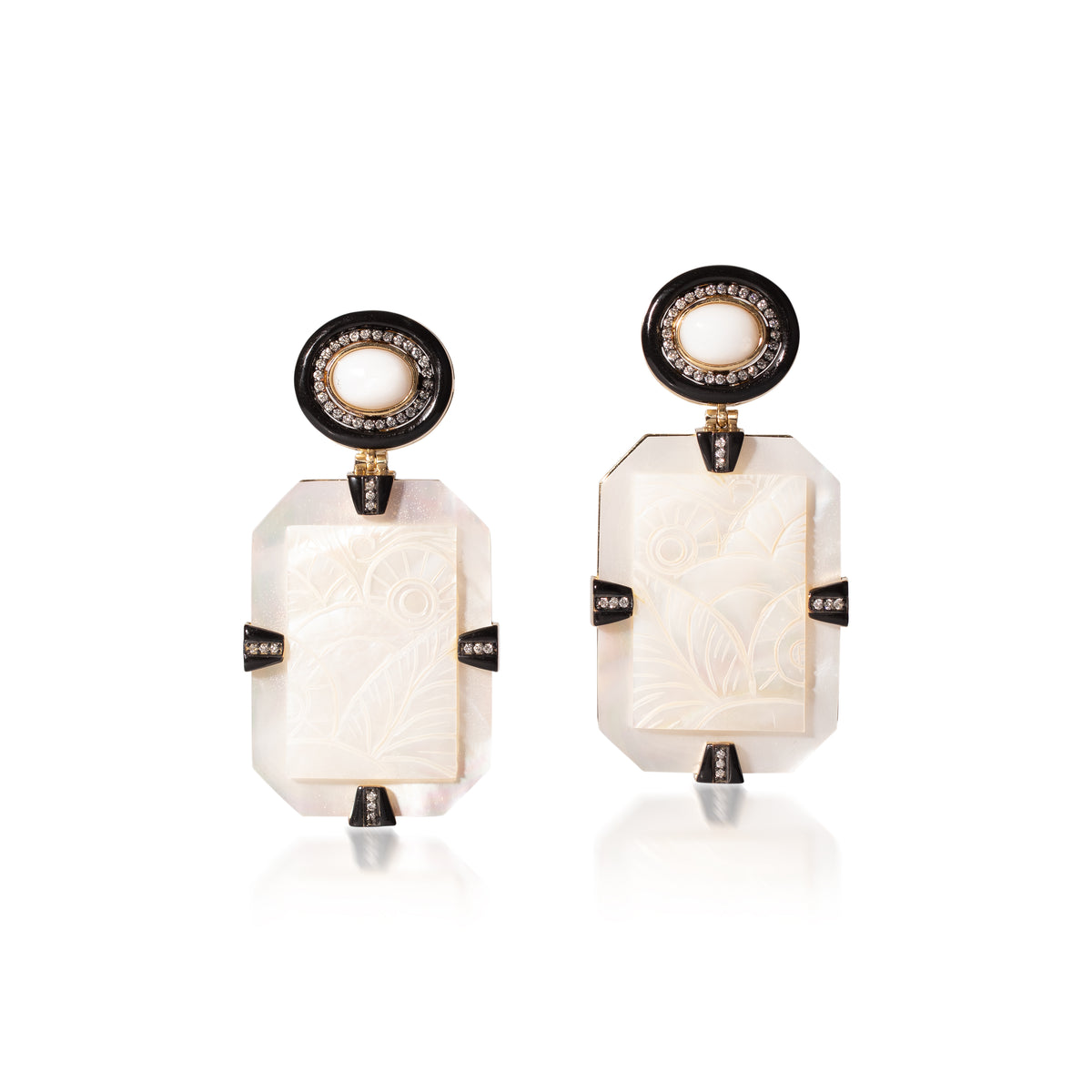 18k yellow gold white ceramic diamond black enamel and mother of pearl hand carved floral pattern picture frame earring by Silvia Furmanovich Tiny Gods 