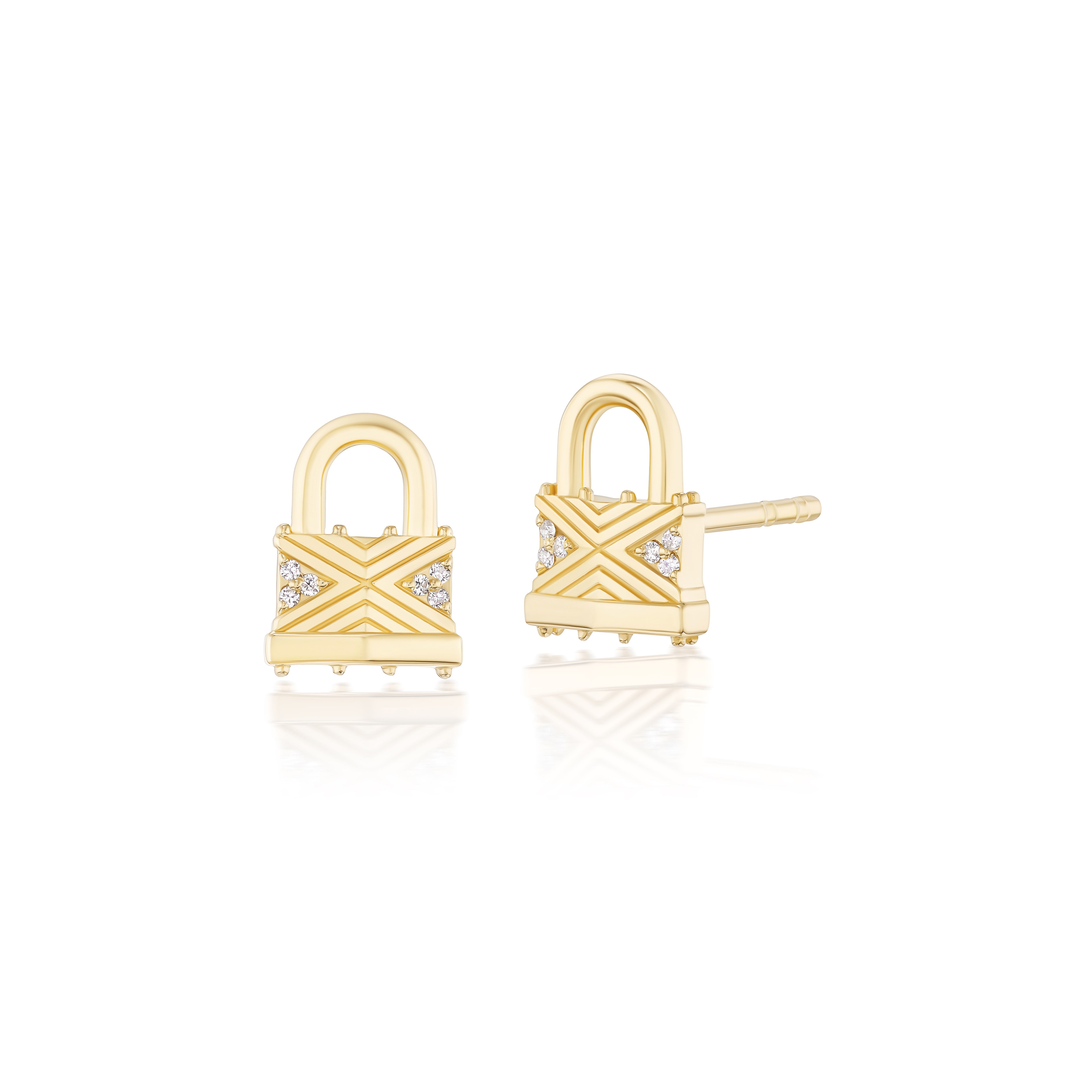 18k yellow gold diamond tiny lock stud earrings by Harwell Godfrey Tiny Gods 