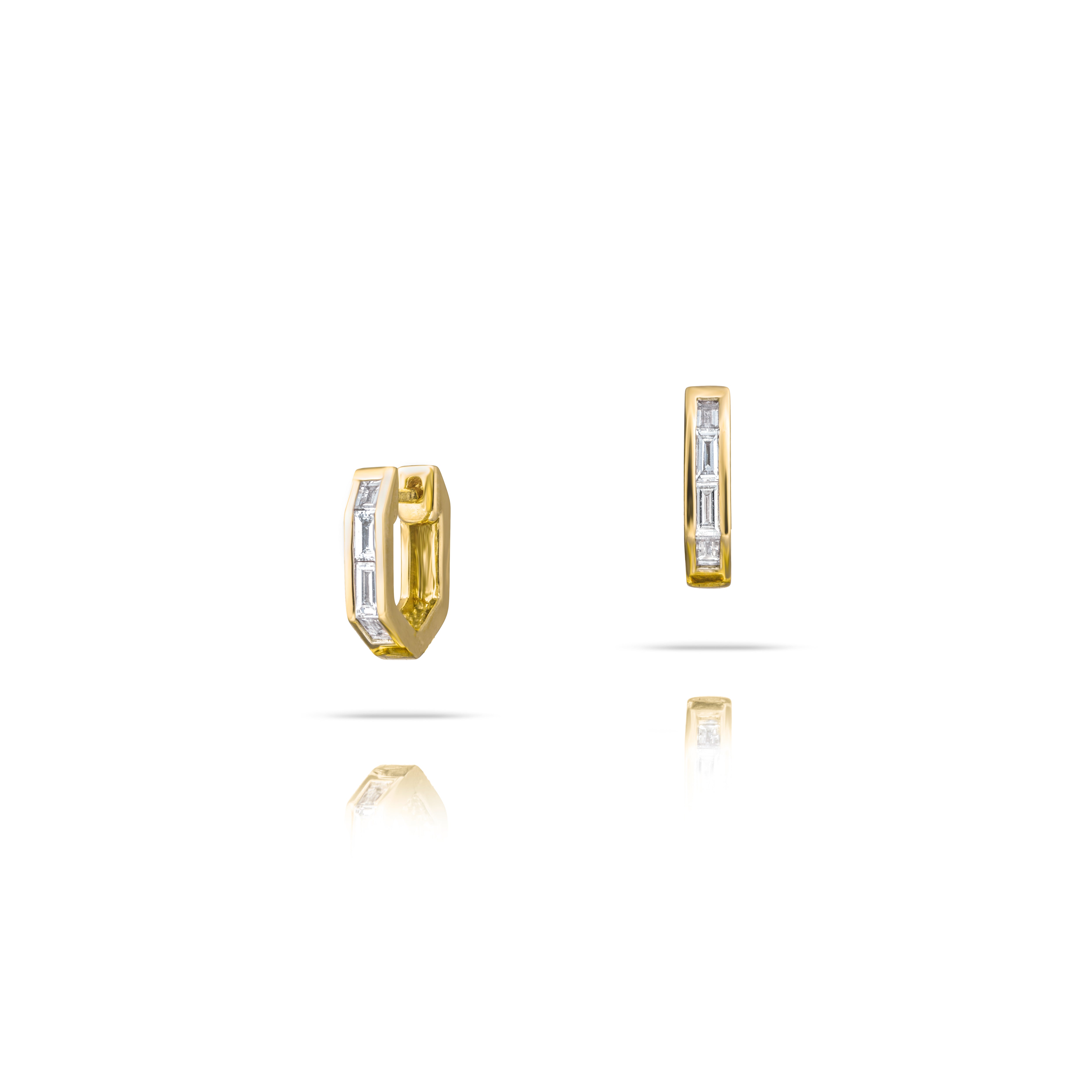 18k yellow gold small white diamond baguette channel set huggie hoop earrings by Tomasz donocik tiny gods