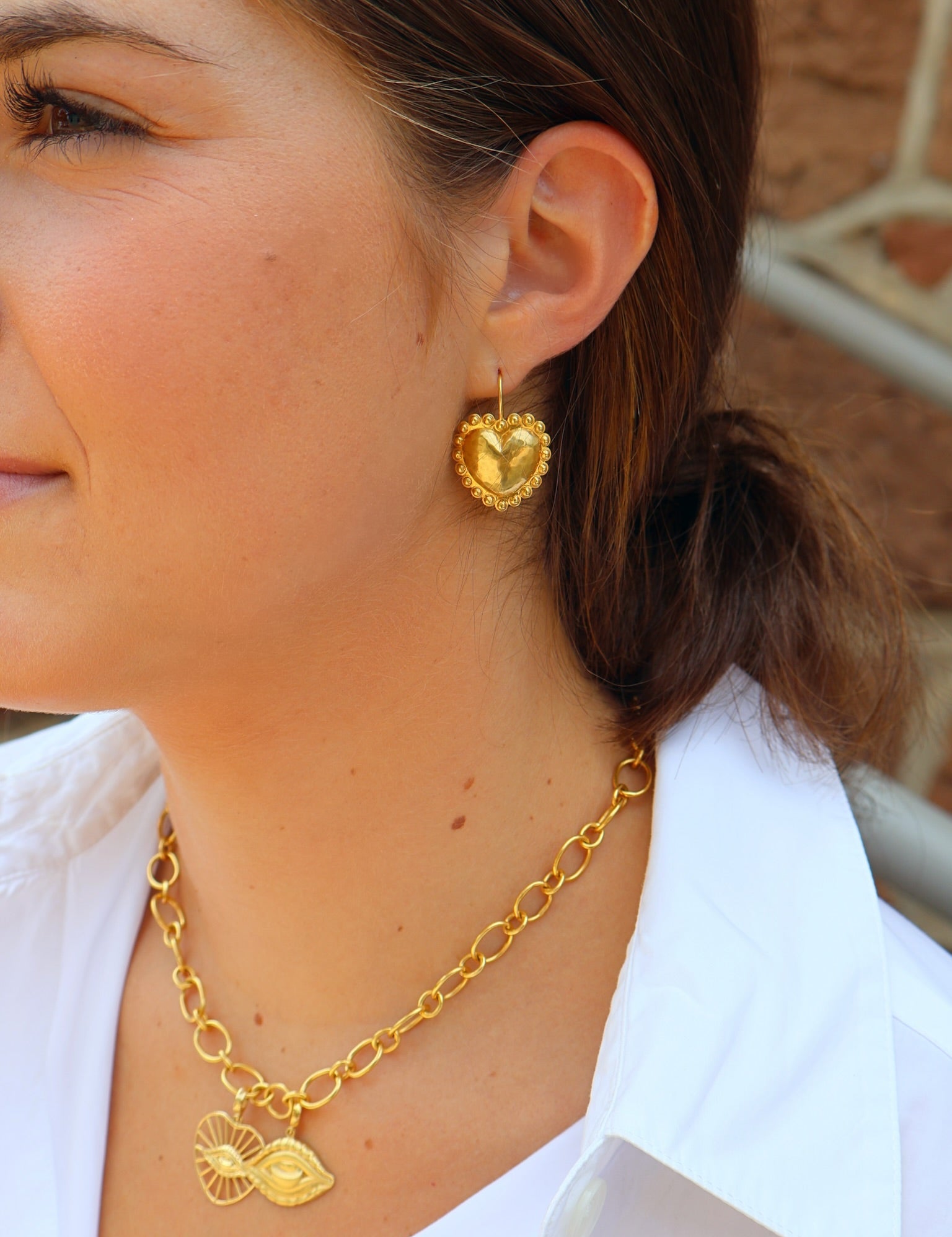 18k yellow gold dotted heart earrings by Christina Alexiou Tiny Gods
