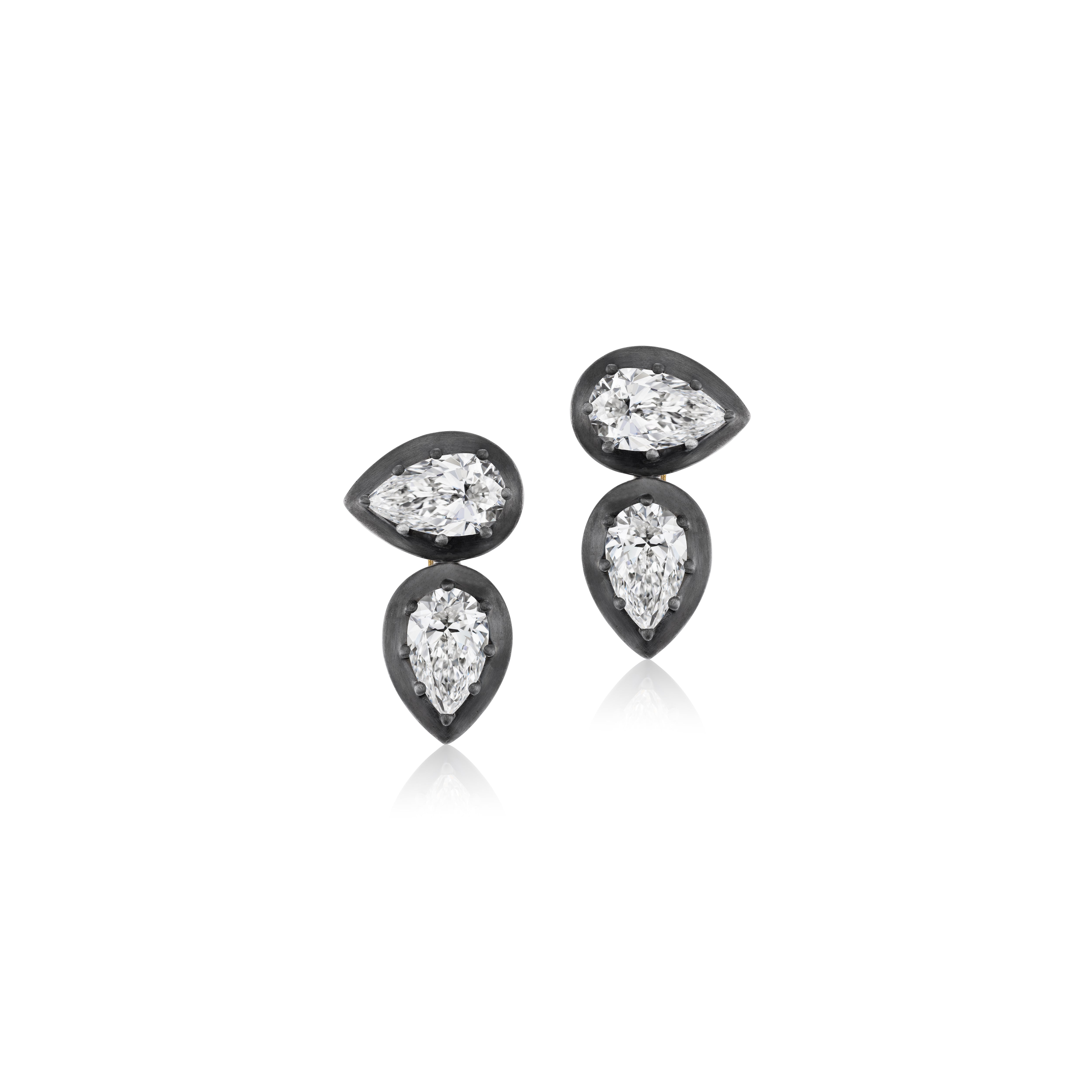 18k yellow gold double pear cut diamond regency stud earrings with black rhodium plating Tiny Gods 