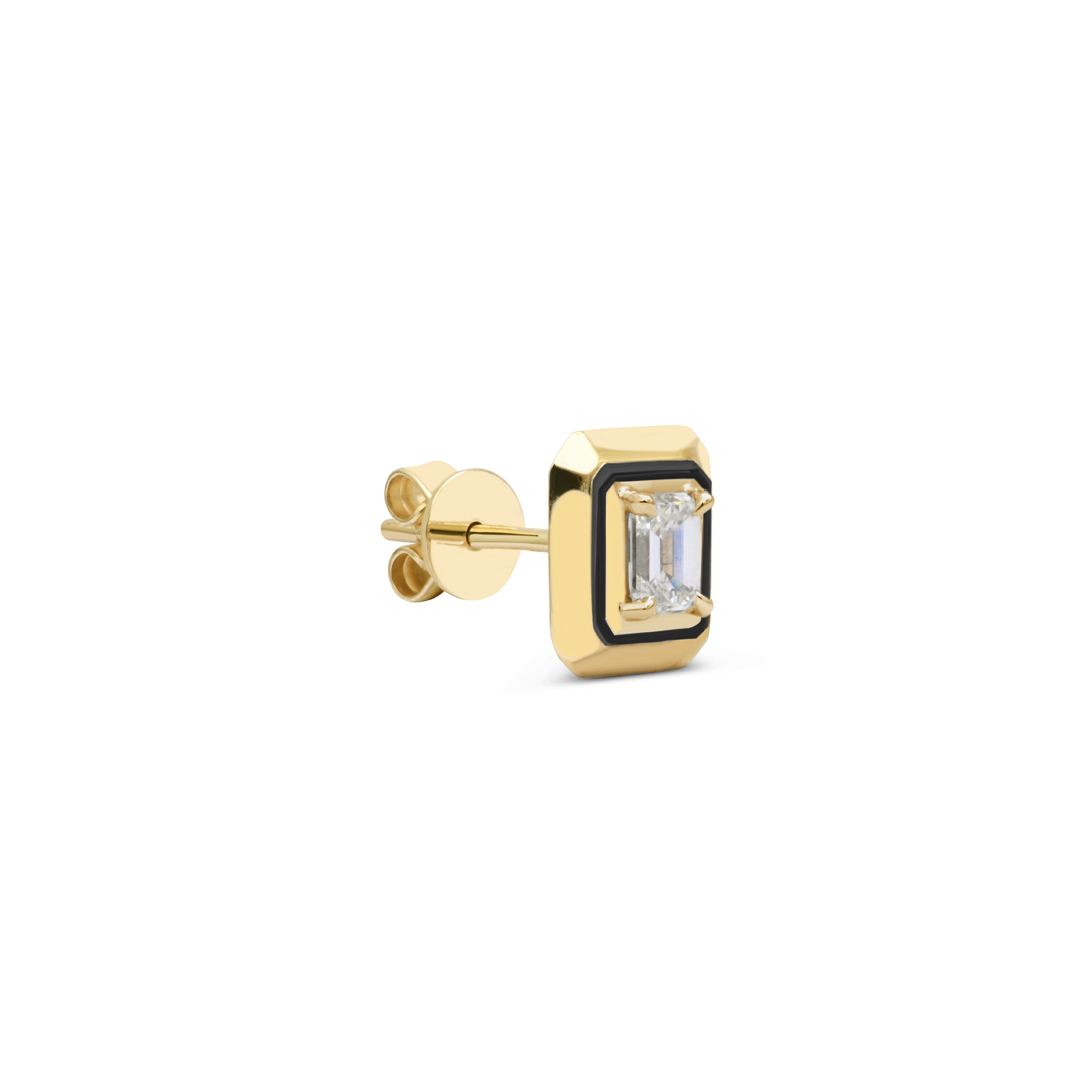 9k yellow gold and black rhodium emerald cut diamond tribal stud earring by Rainbow K Tiny Gods 