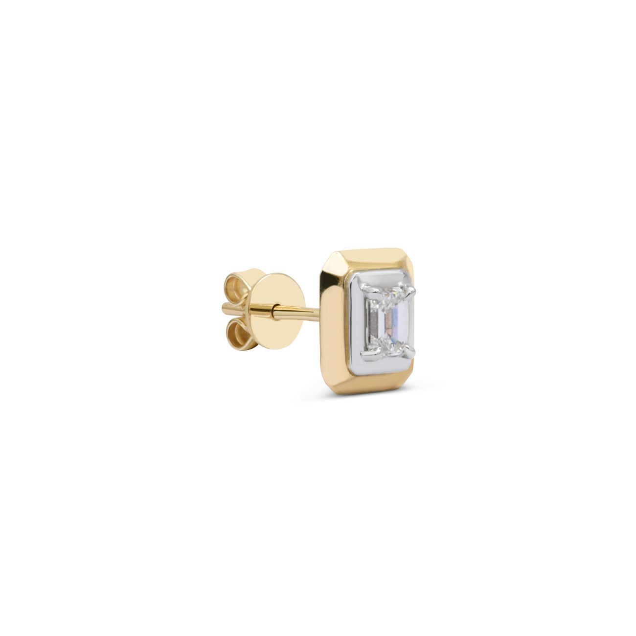 9k yellow gold and white rhodium emerlad cut diamond tribal stud earring by  Rainbow K Tiny gods