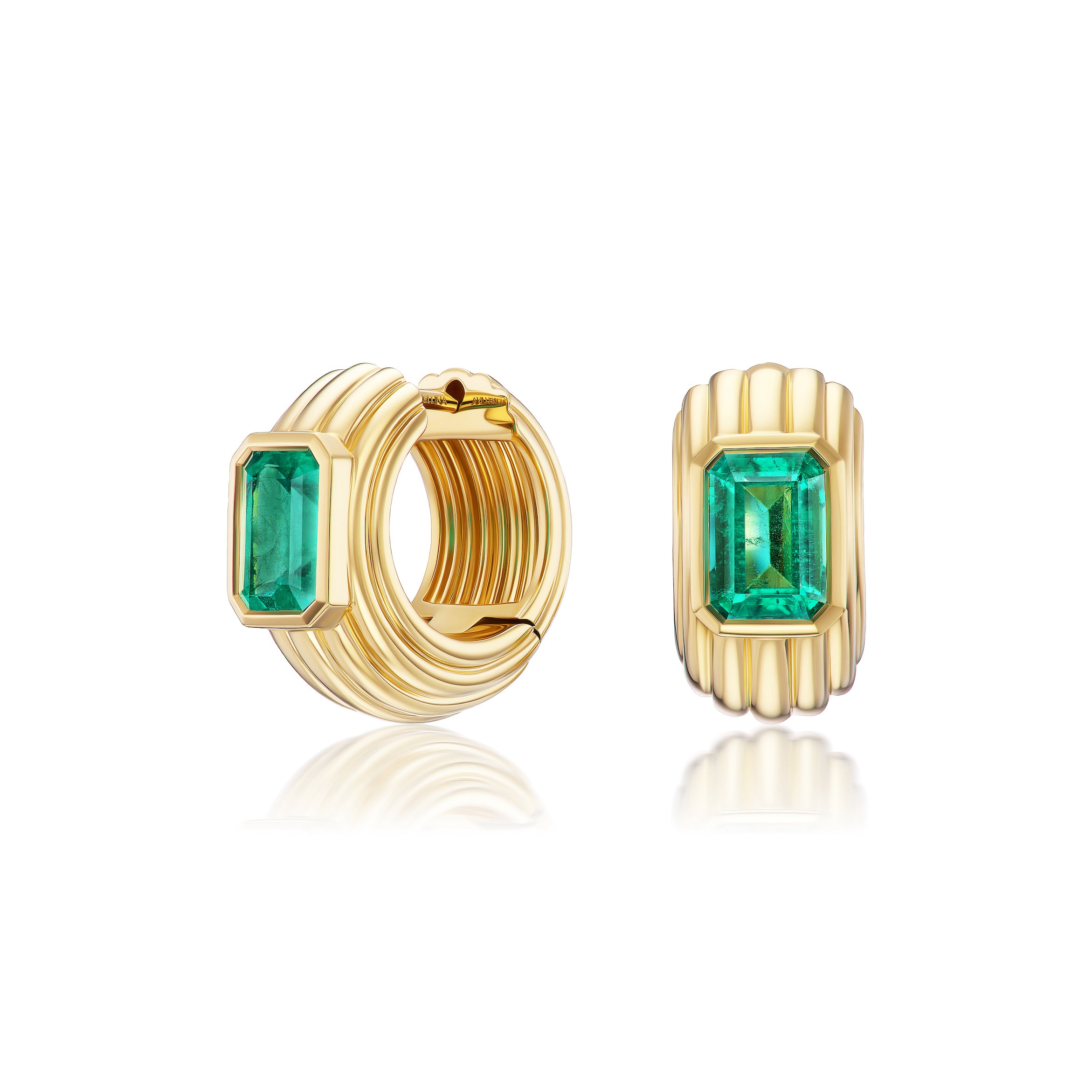 18k yellow gold emerald cut emerald green nomad chubby huggie earring by Sorellina Tiny Gods 