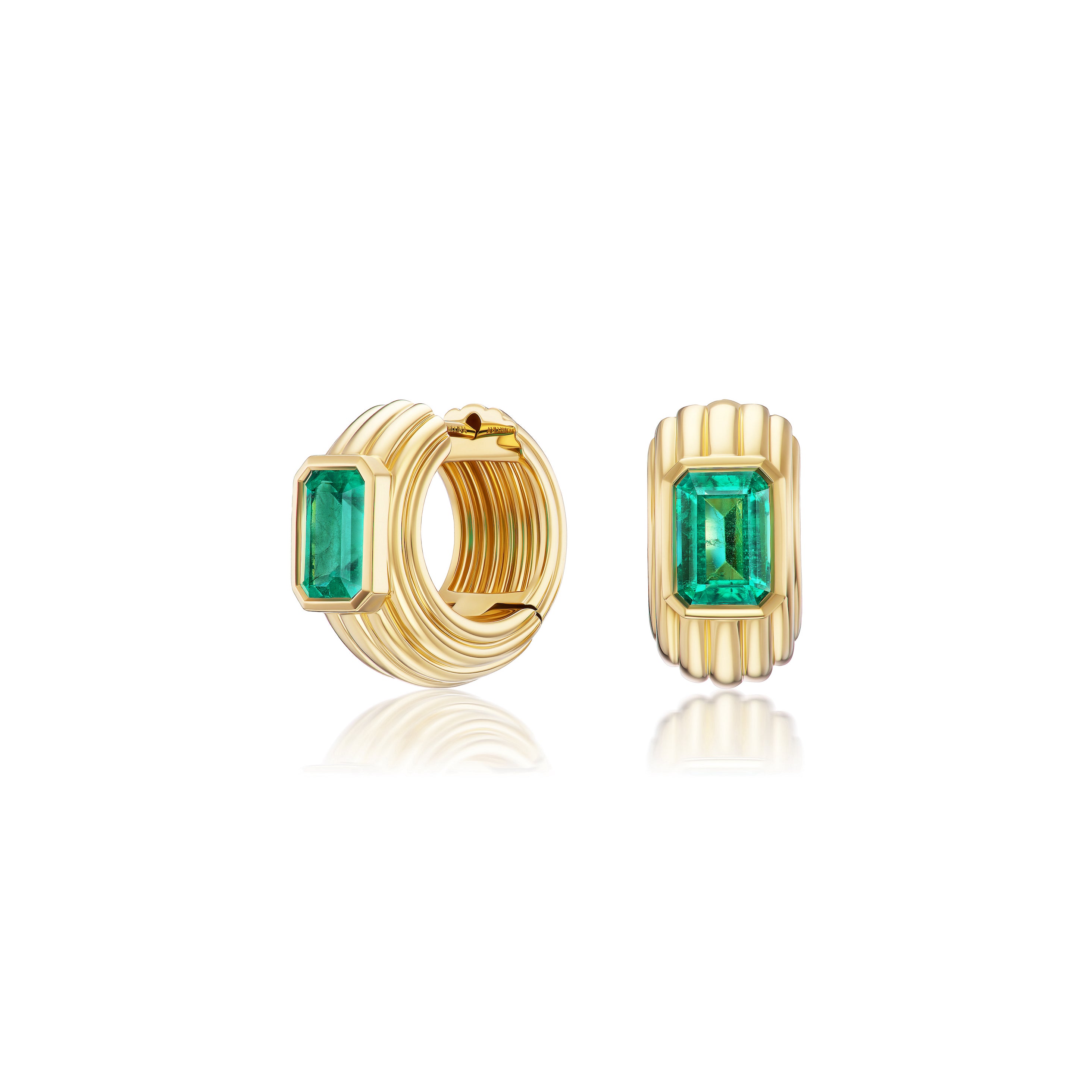 18k yellow gold emerald cut emerald green nomad chubby huggie earring by Sorellina Tiny Gods 