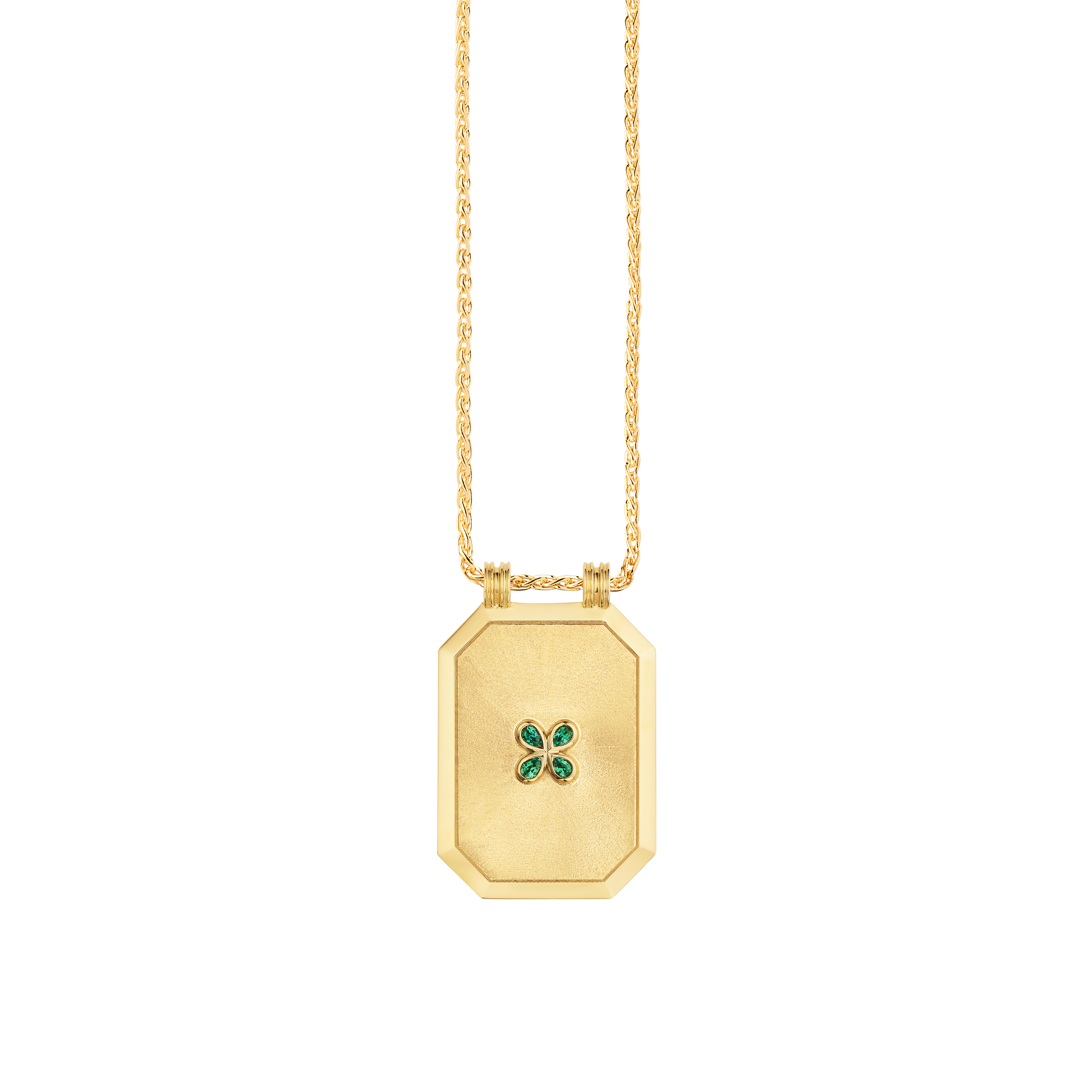 18k yellow gold emerald clover lucky 4 leaf luck scapular necklace by Marie Lichtenberg Tiny Gods