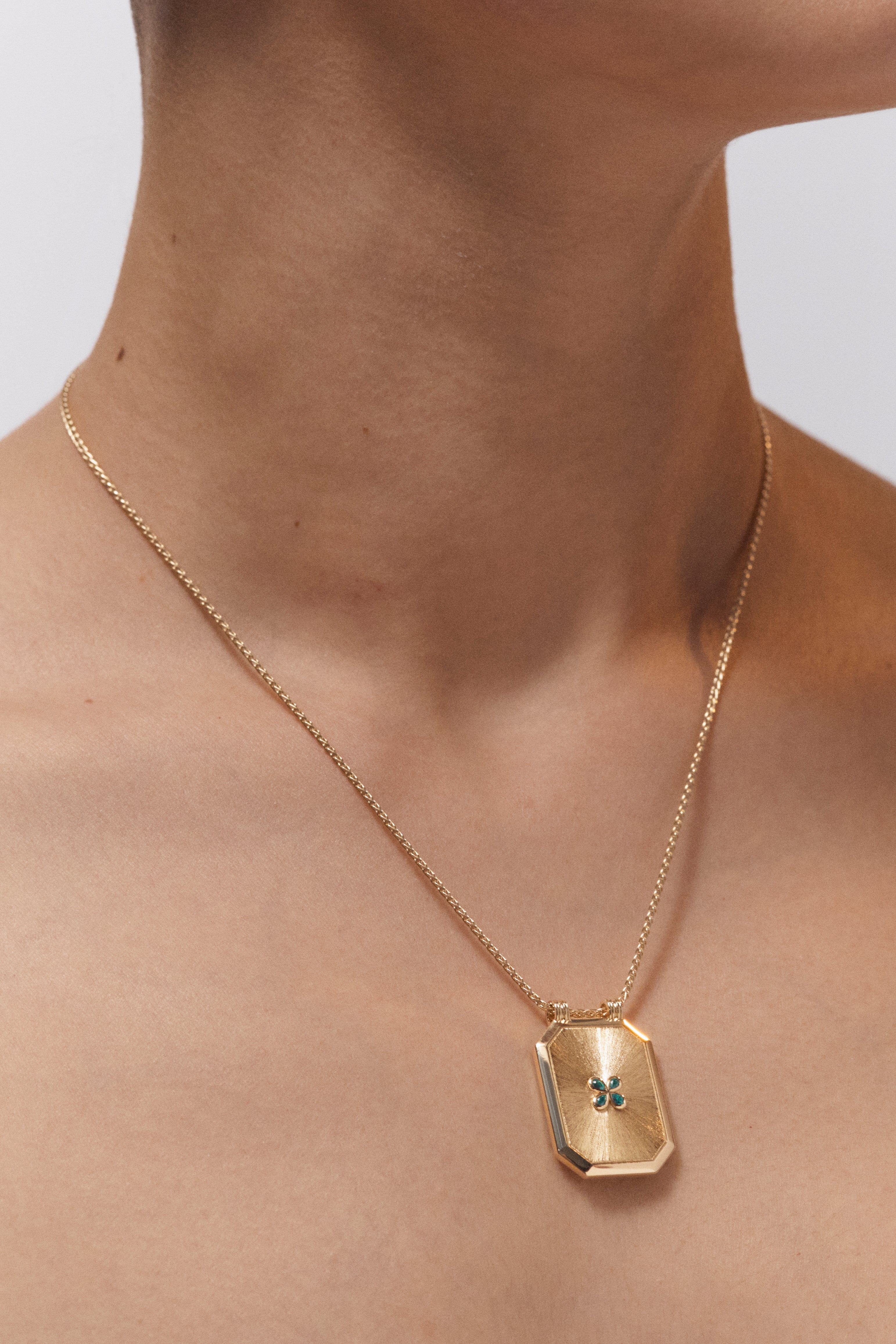 18k yellow gold emerald clover lucky 4 leaf luck scapular necklace by Marie Lichtenberg Tiny Gods