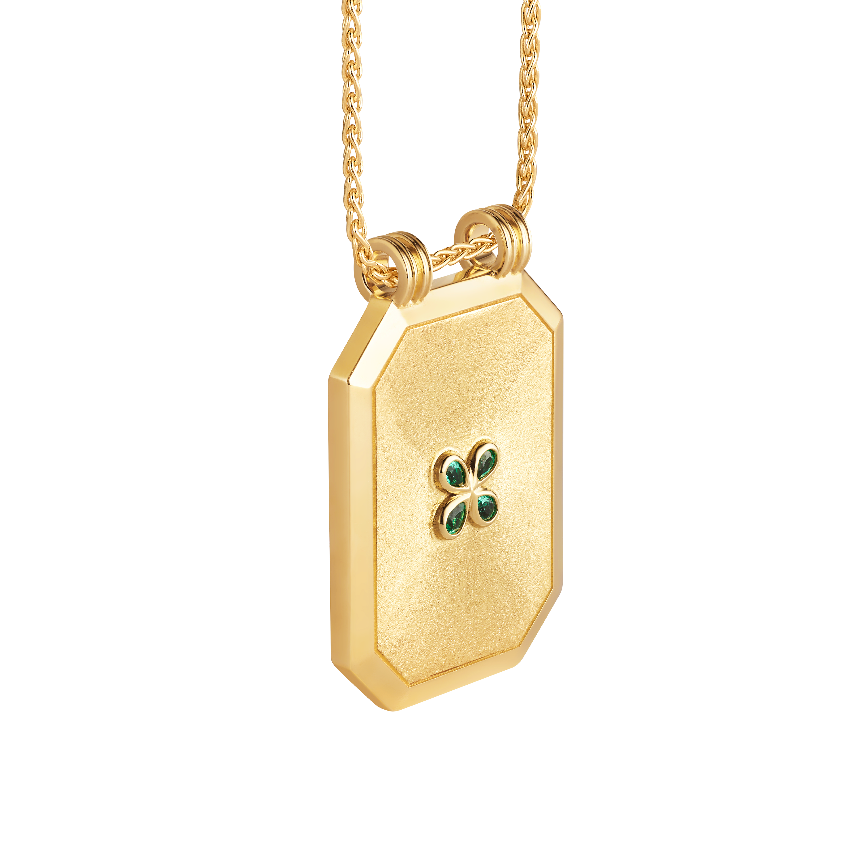 18k yellow gold emerald clover lucky 4 leaf luck scapular necklace by Marie Lichtenberg Tiny Gods