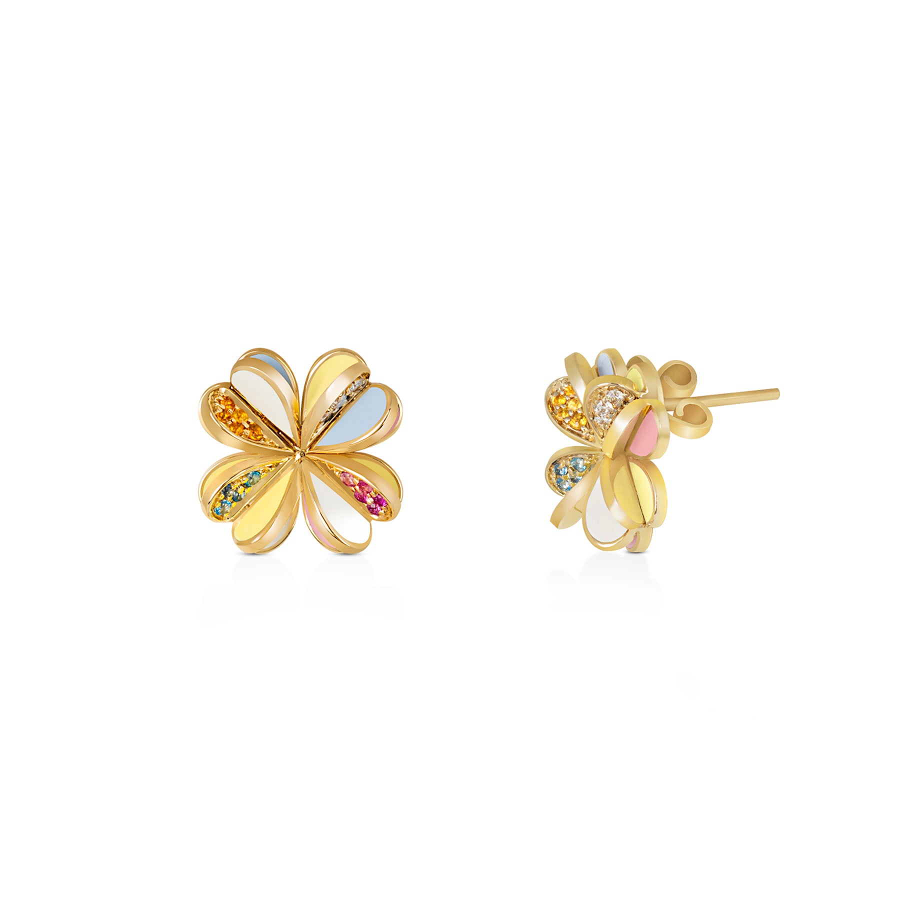 18k yellow gold enamel sapphire lucky four leaf clover flower lucky you stud earrings by Aisha Baker Tiny Gods 