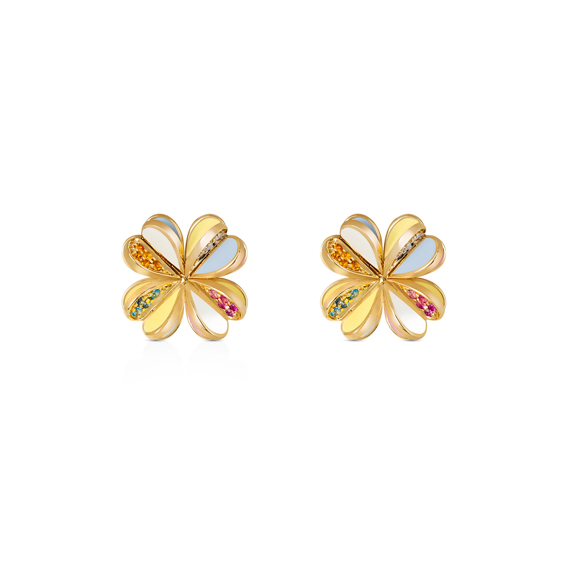 18k yellow gold enamel sapphire lucky four leaf clover flower lucky you stud earrings by Aisha Baker Tiny Gods 