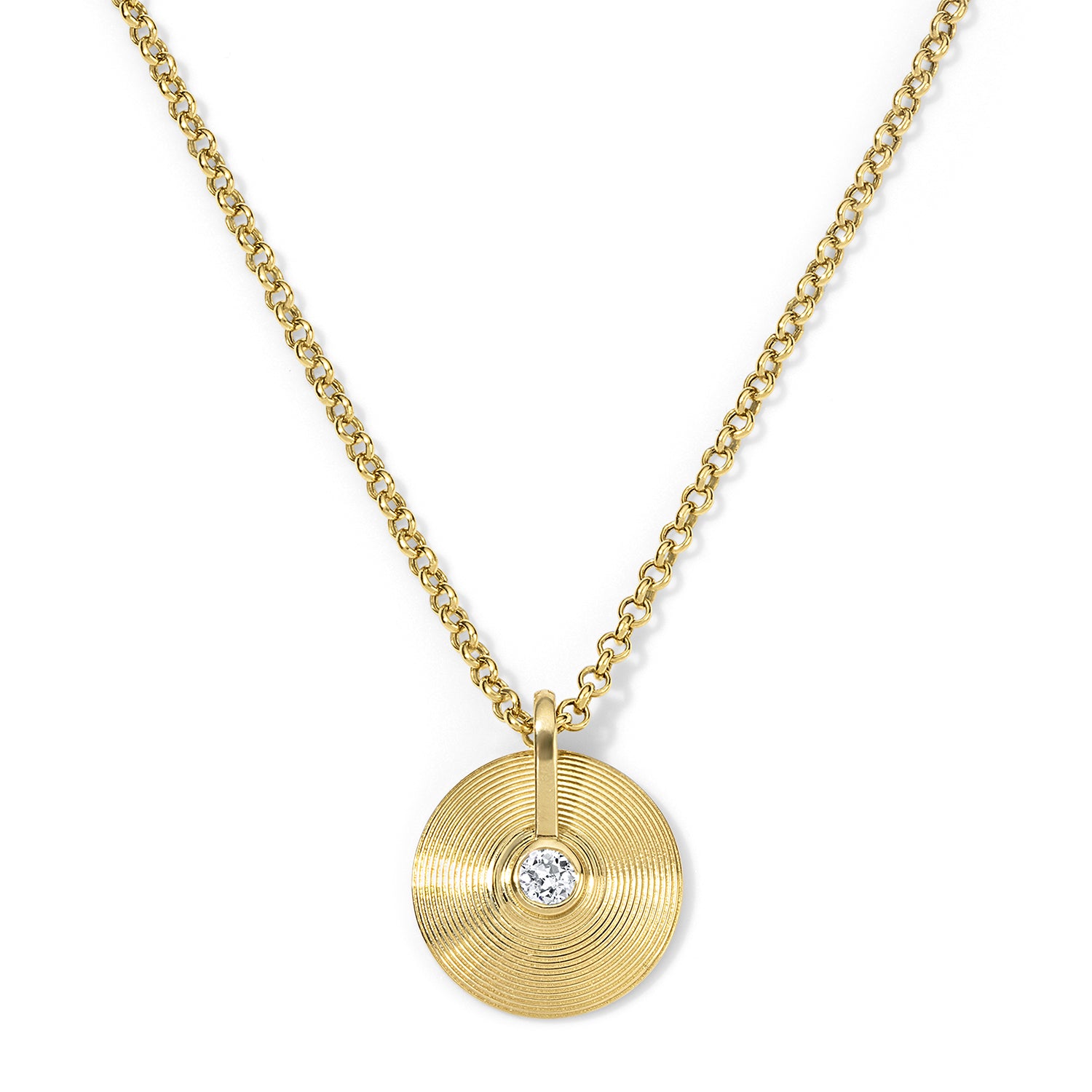 18k yellow gold extra small XS diamond cymbal pendant on a luci chain by Jade Ruzzo Tiny Gods