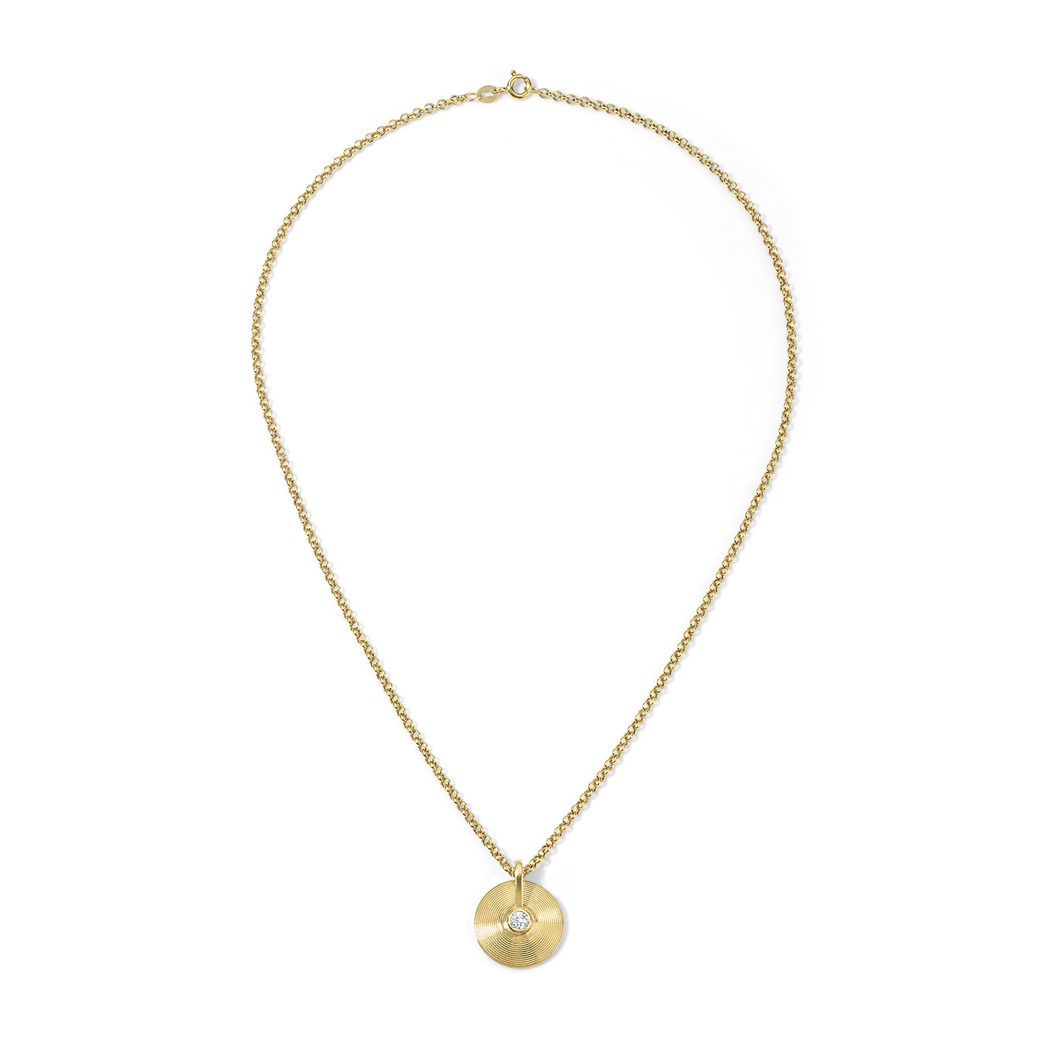 18k yellow gold extra small XS diamond cymbal pendant on a luci chain by Jade Ruzzo Tiny Gods