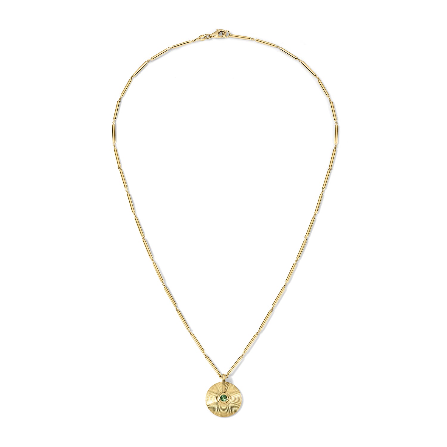 18k yellow gold and green tourmaline extra small XS cymbal pendant on a stick chain by Jade Ruzzo Tiny Gods 