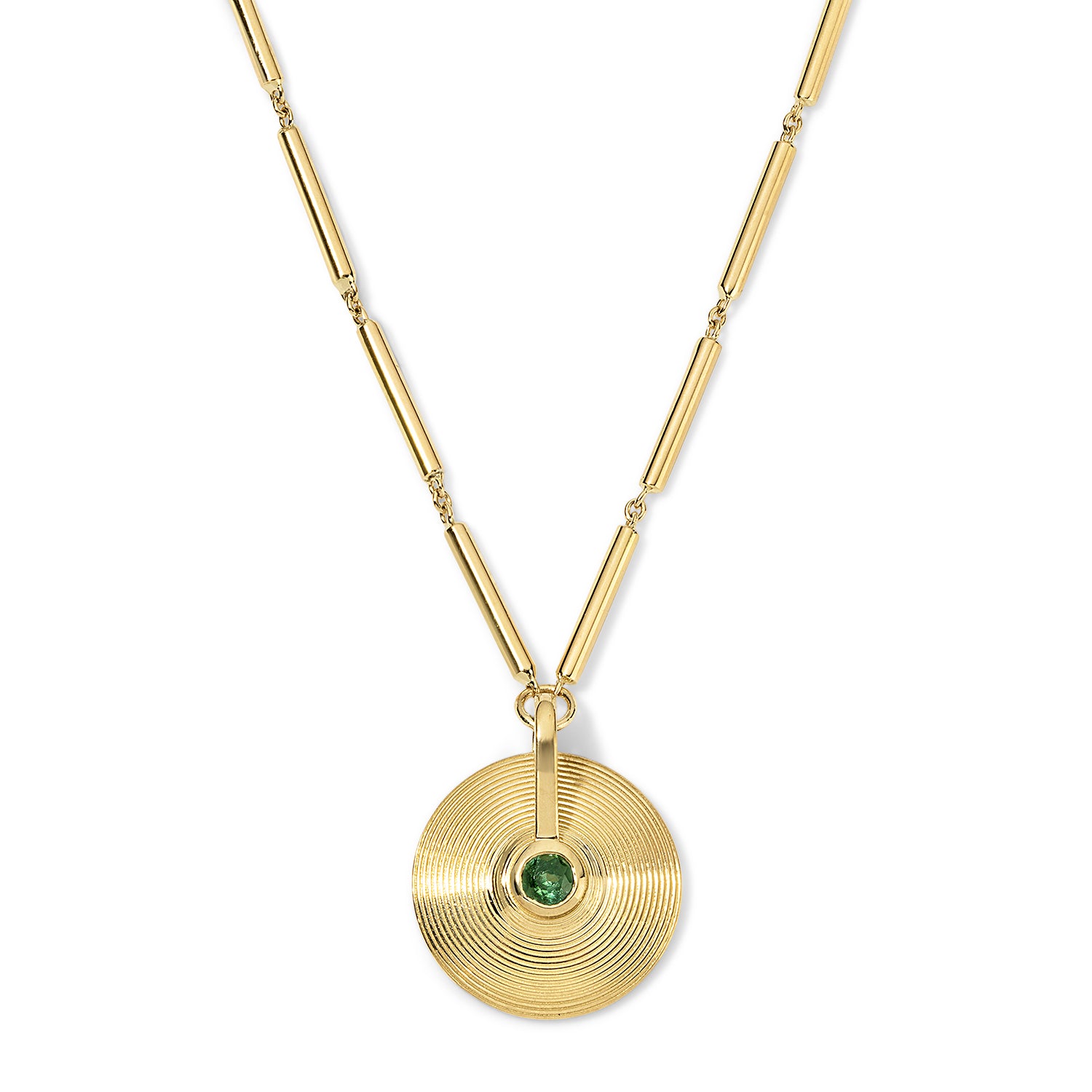 18k yellow gold and green tourmaline extra small XS cymbal pendant on a stick chain by Jade Ruzzo Tiny Gods 