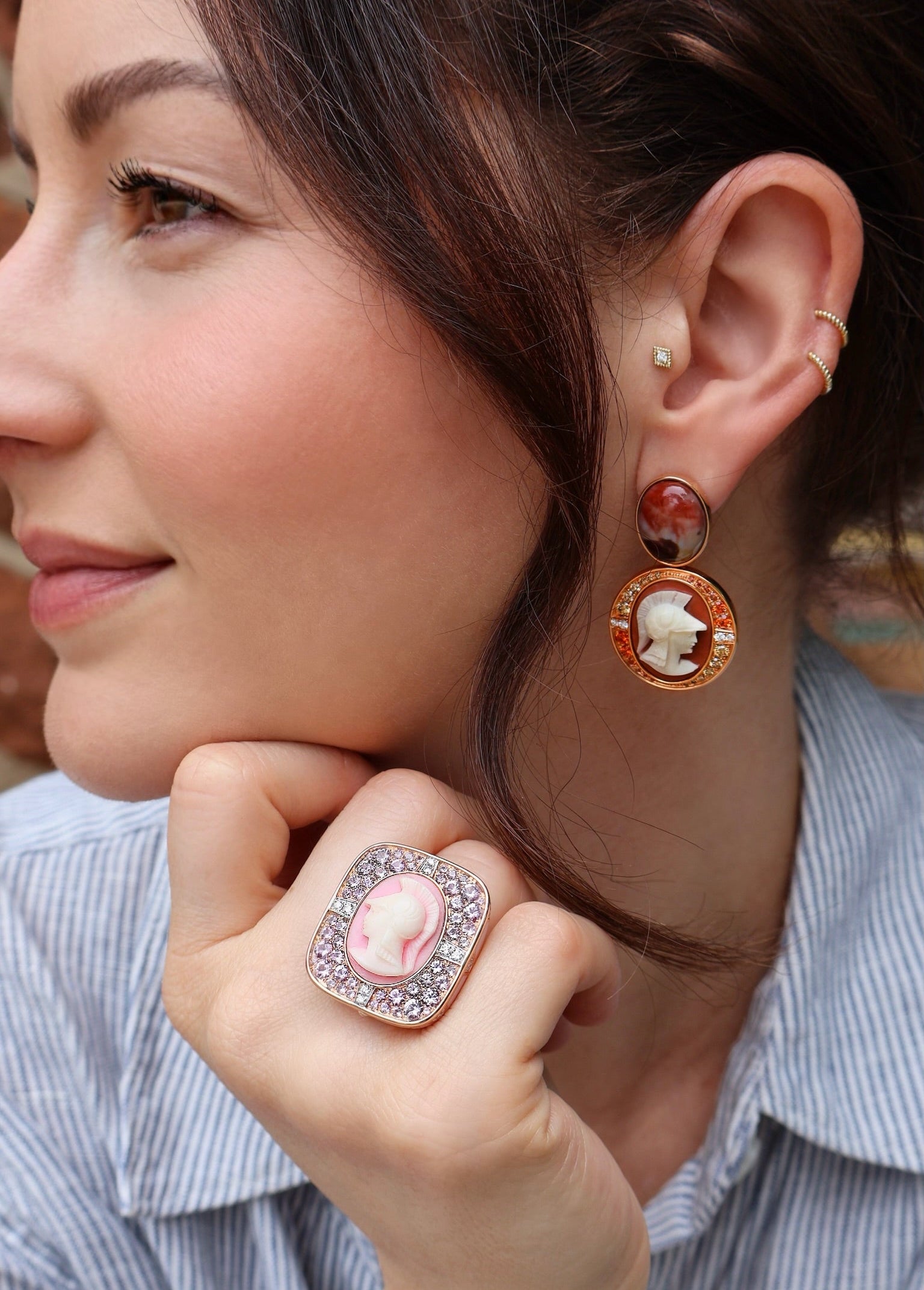 18k rose gold diamond, orange sapphire brown diamond egyptian jasper and vintage carved cameo warrior earrings by Francesca Villa Tiny Gods 