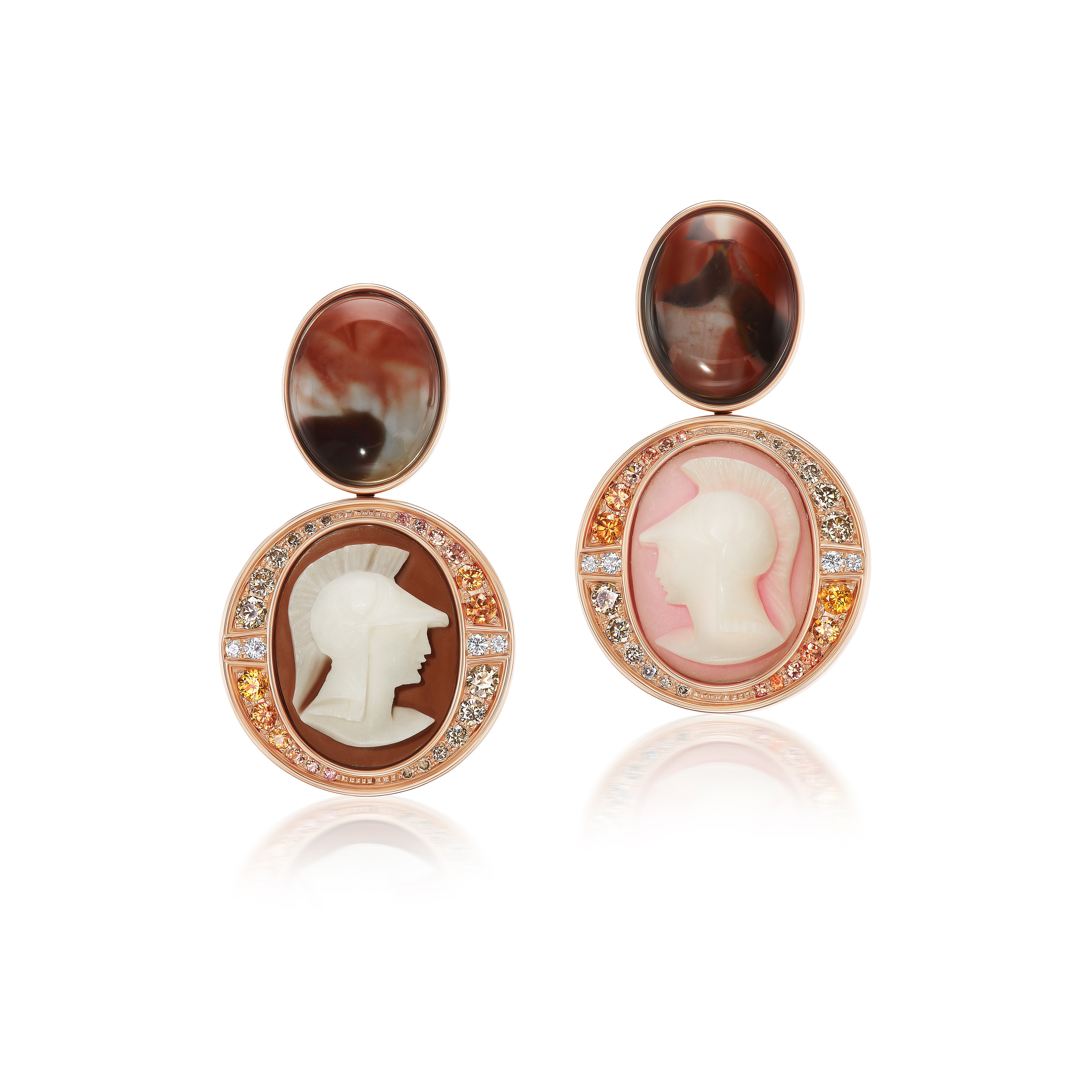 18k rose gold diamond, orange sapphire brown diamond egyptian jasper and vintage carved cameo warrior earrings by Francesca Villa Tiny Gods 