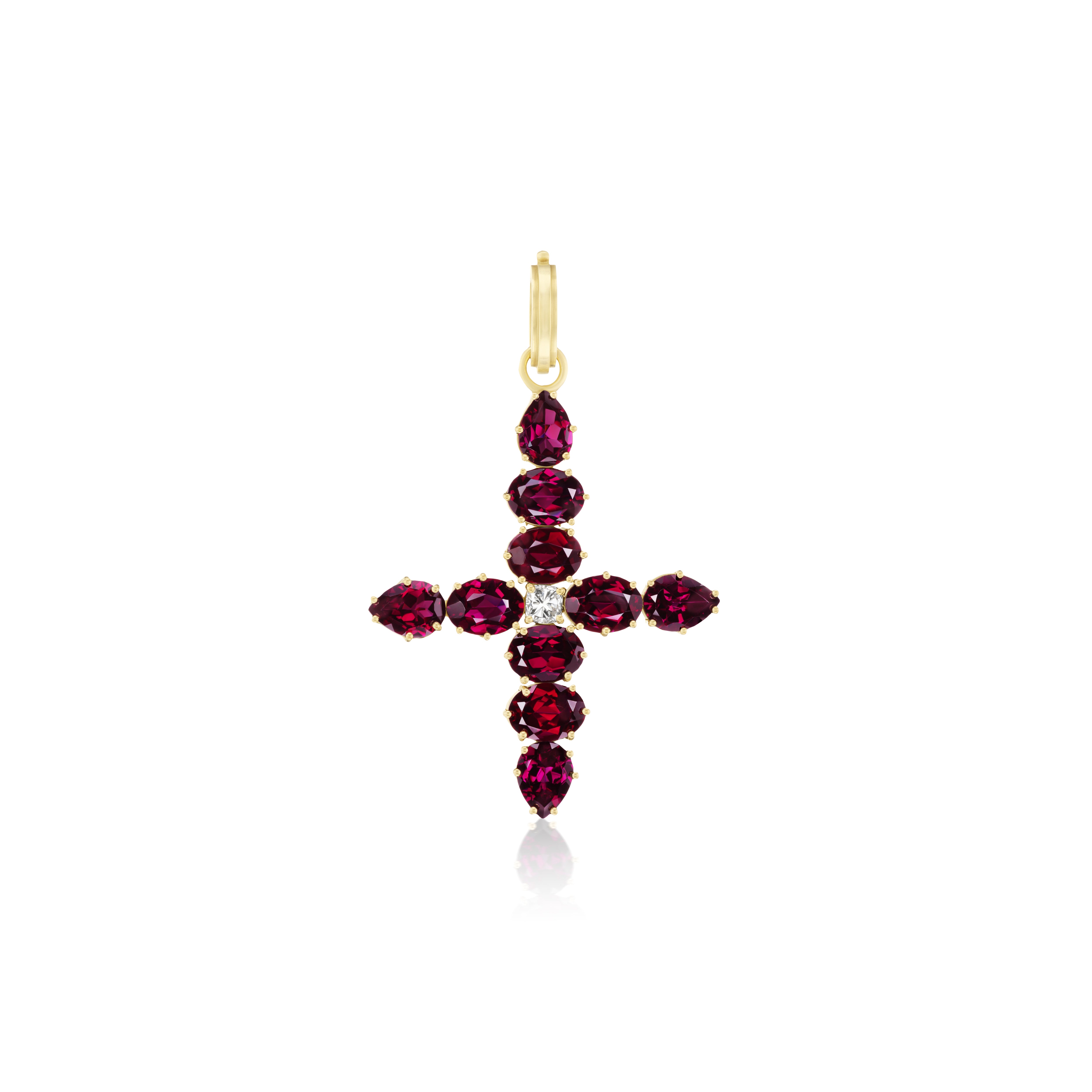 18k yellow gold rhodolite garnet and diamond cross pendant by Sylva & Cie Tiny Gods 