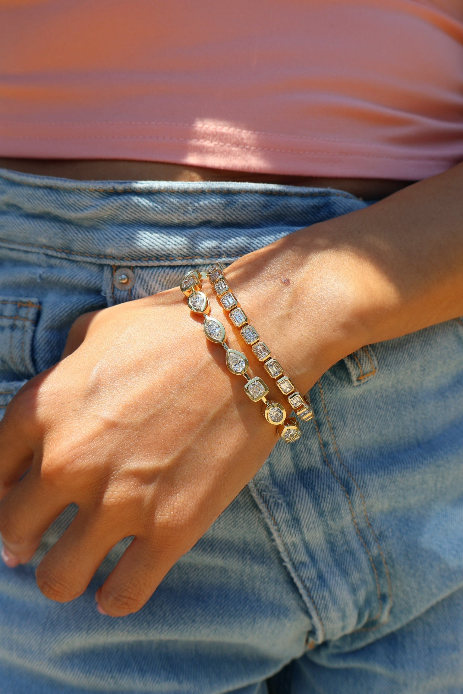 18k yellow gold GIA certified marquis, pear, cushion, oval cut diamonds domed pillow setting bezel wire bracelet Tiny Gods 