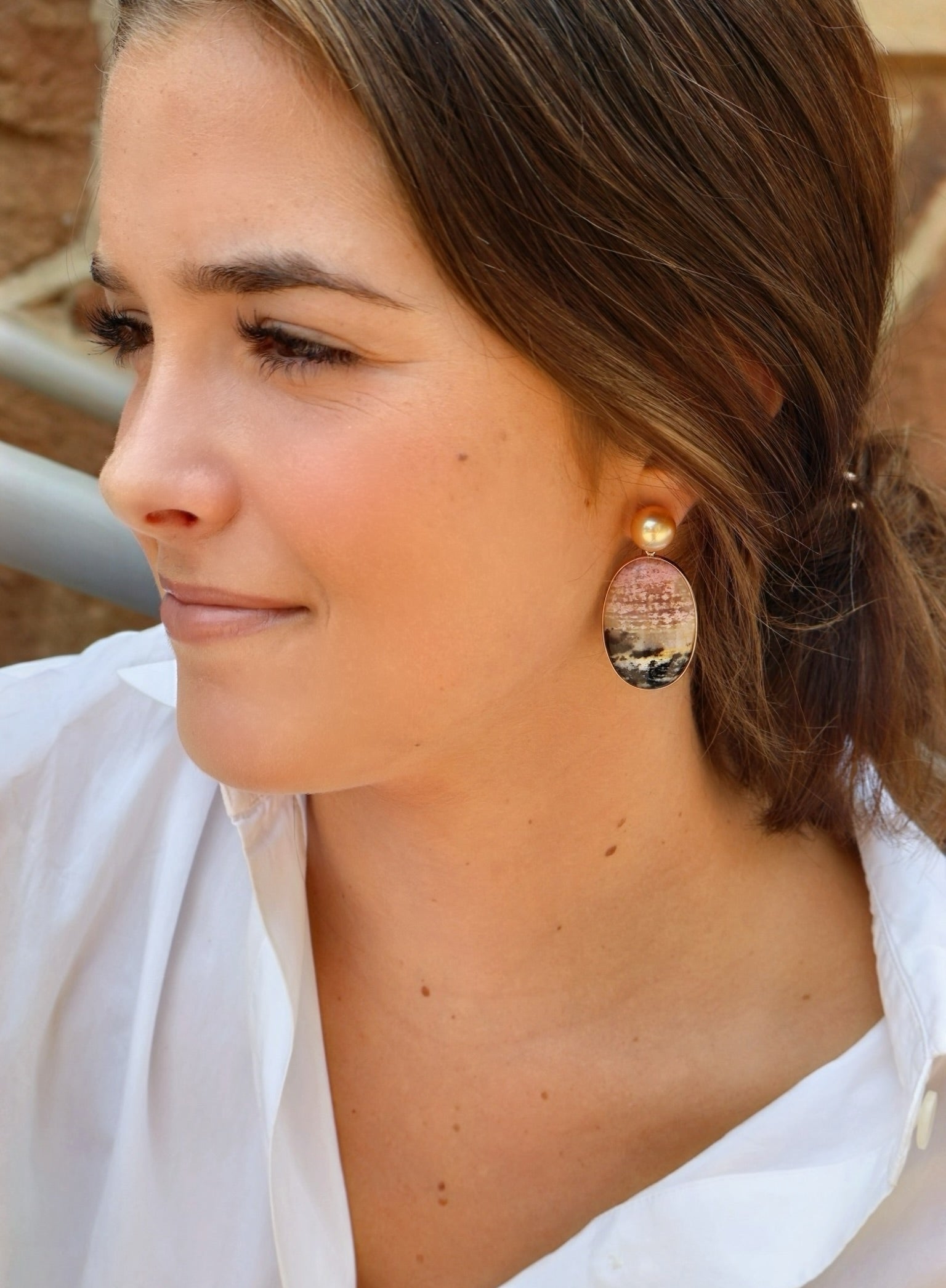 18k yellow gold Pink Sunset Golden Pearl Drop Earrings by Tiny Gods 