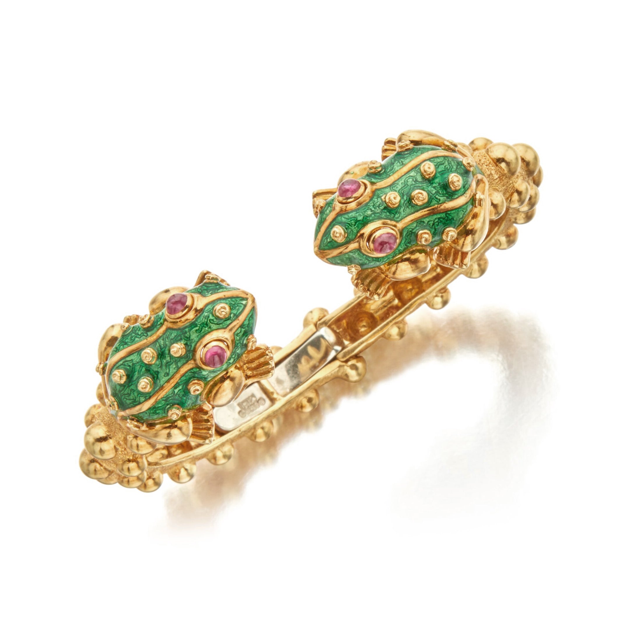 18k yellow gold green enamel baby frog bangle cuff bracelet with ruby eyes by David Webb Tiny Gods 