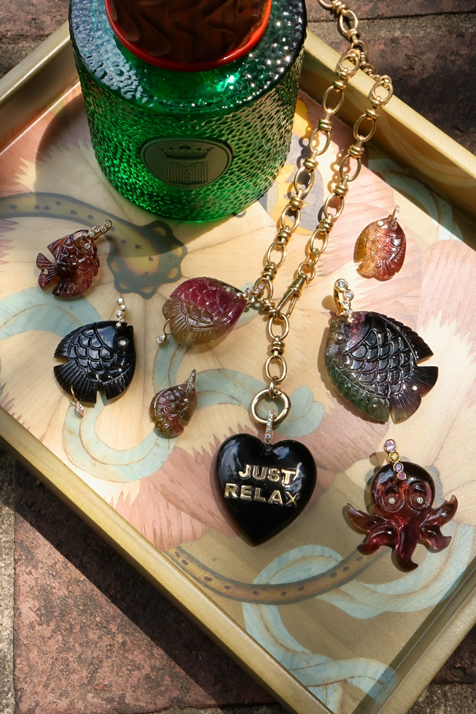 18k yellow gold green pink watermelon tourmaline, diamond pink sapphire, fish pendant by Violette Joaillerie Tiny Gods