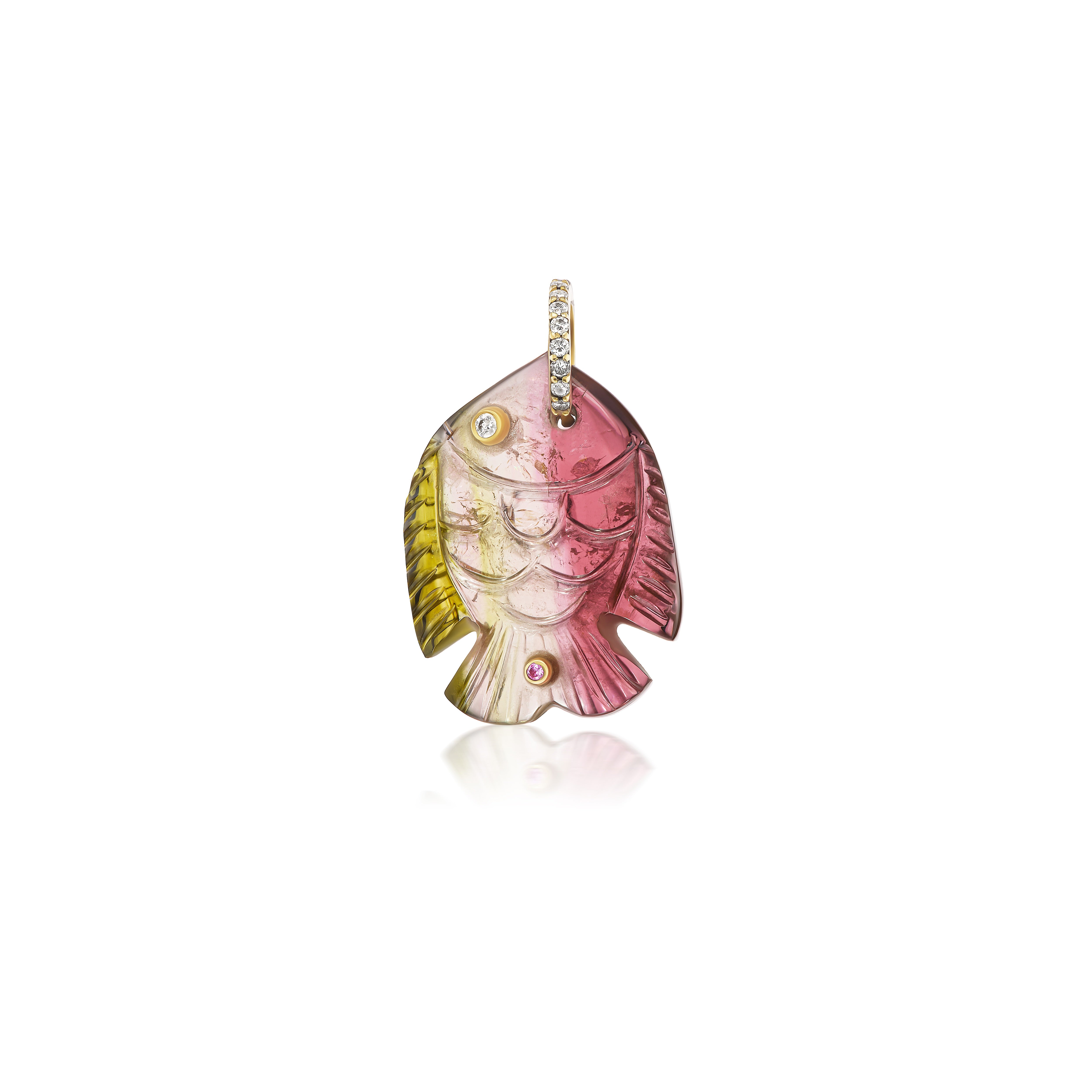18k yellow gold green pink watermelon tourmaline, diamond pink sapphire, fish pendant by Violette Joaillerie Tiny Gods