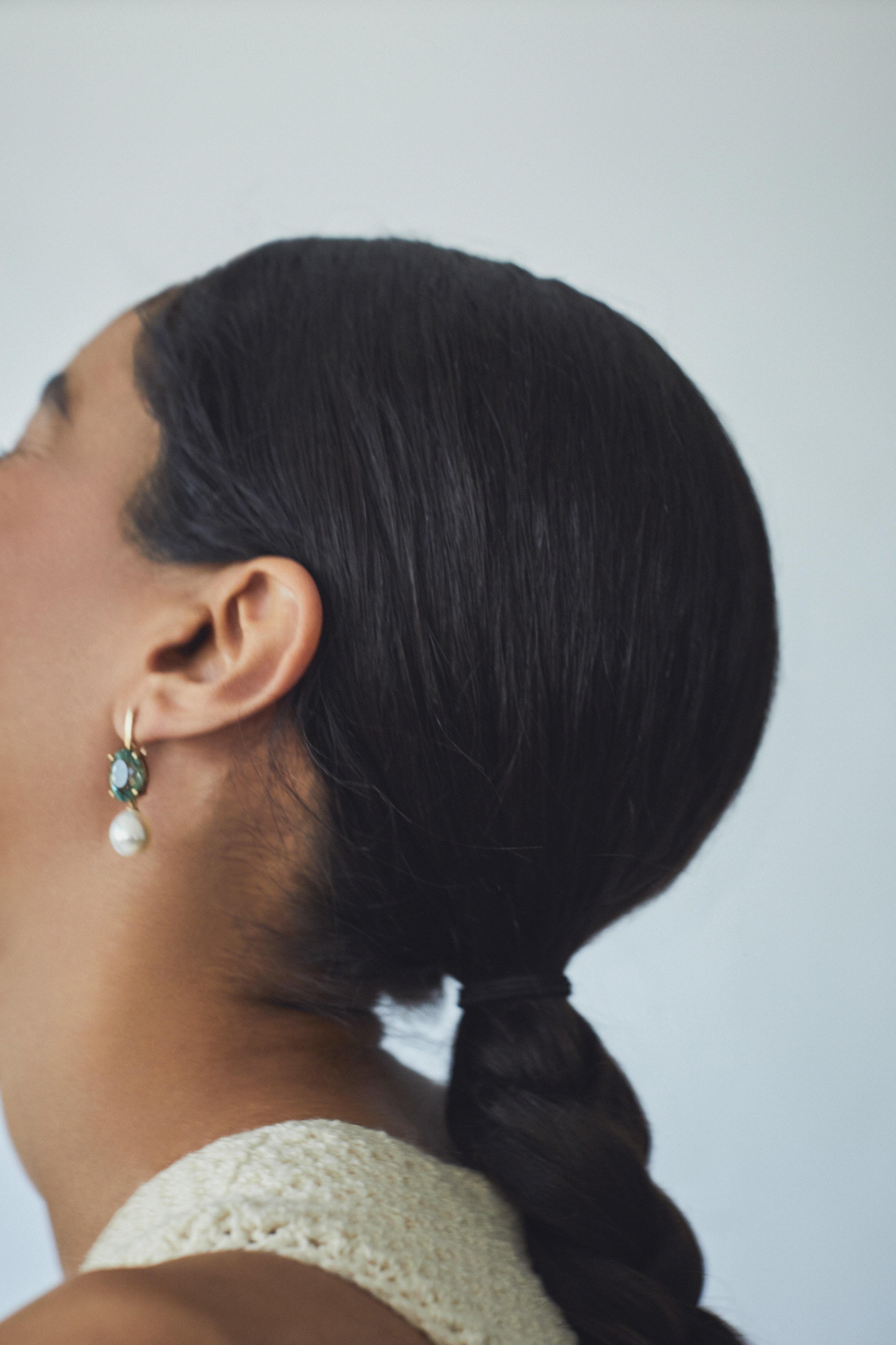 18k yellow gold green tourmaline and fresh water baroque pearl drop liv earrings by Jade Trau Tiny Gods 