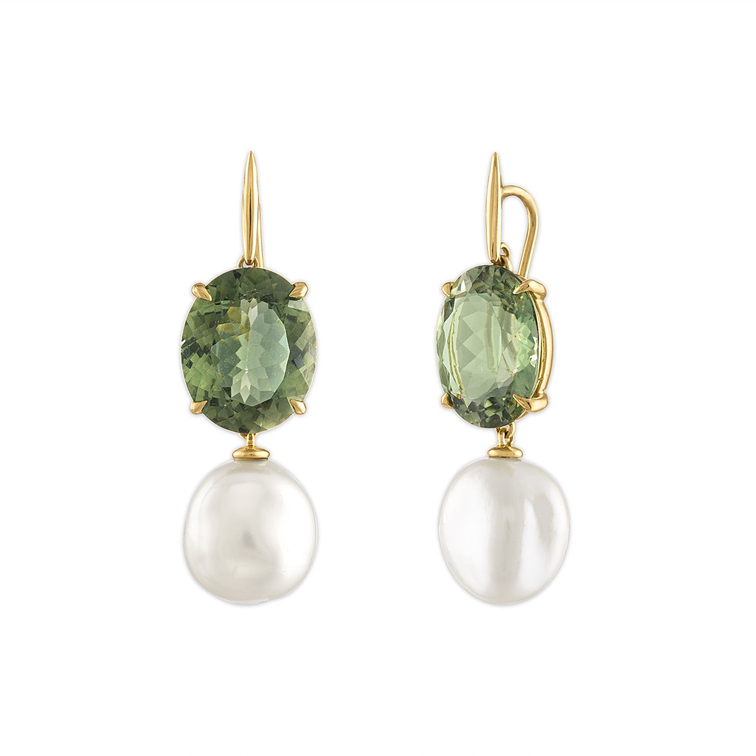 18k yellow gold green tourmaline and fresh water baroque pearl drop liv earrings by Jade Trau Tiny Gods 
