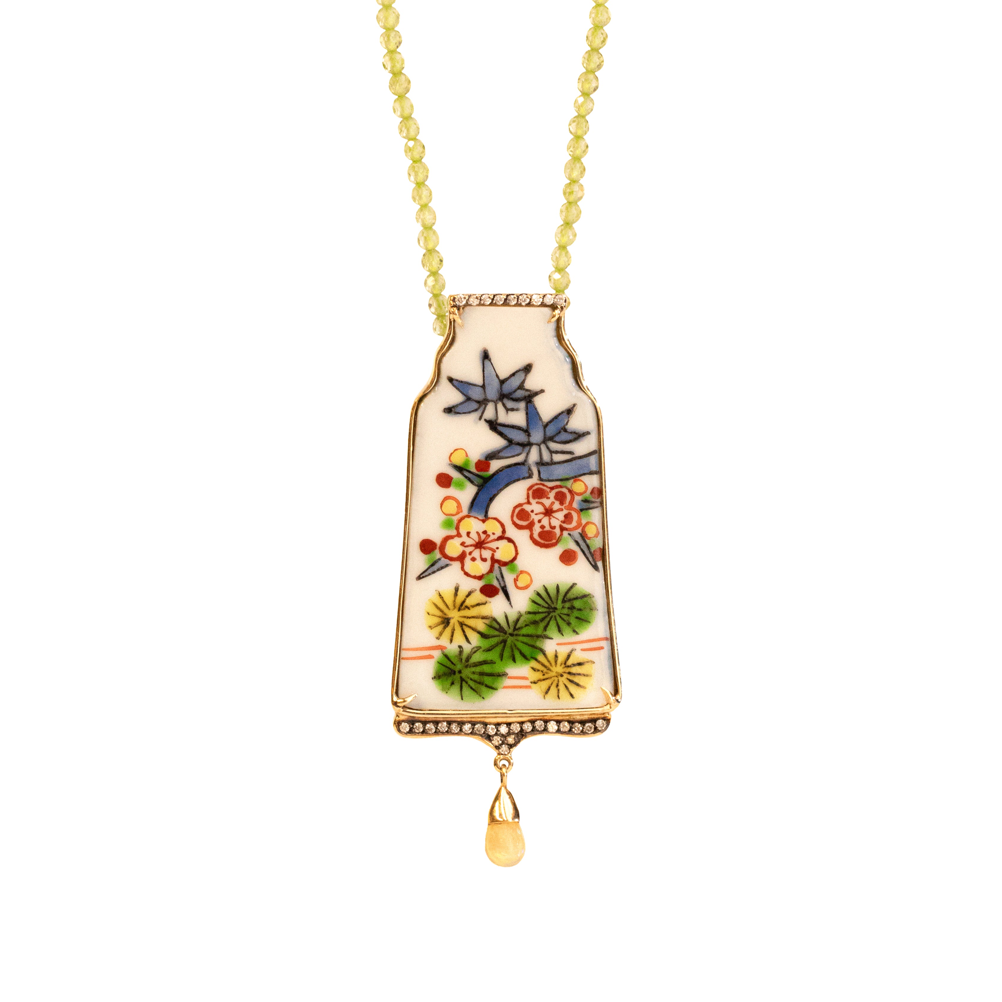 18k yellow gold hand painted ceramic floral motif pendant with peridot beaded necklace by Silvia Furmanovich Tiny Gods 
